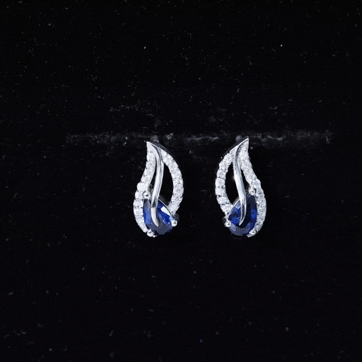 Lab Created Blue Sapphire Silver Leaf Stud Earrings with Moissanite