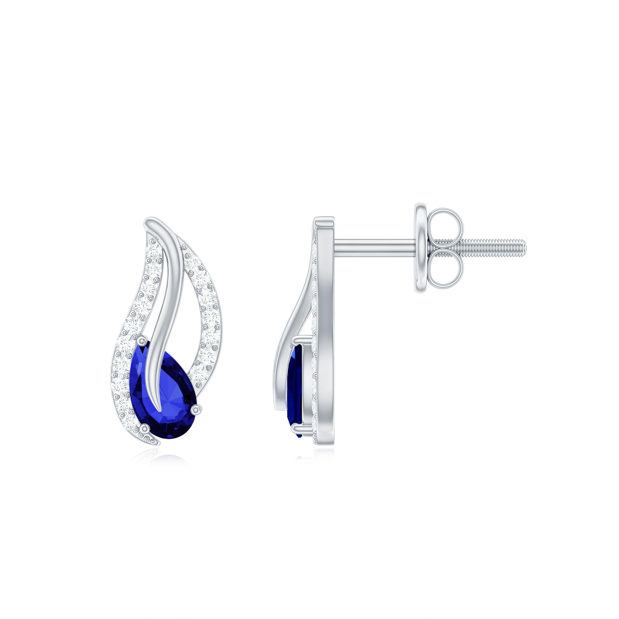 Lab Created Blue Sapphire Silver Leaf Stud Earrings with Moissanite
