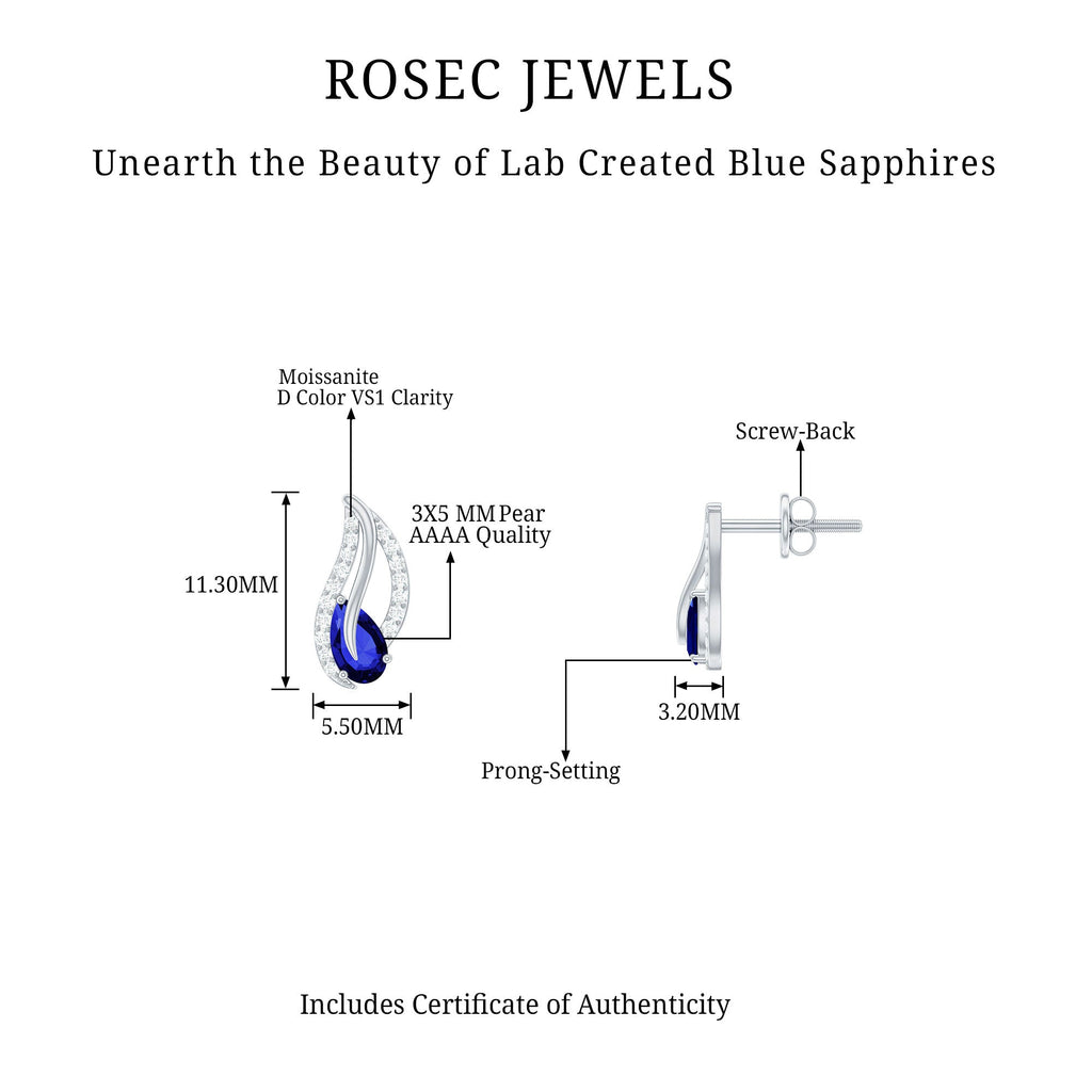 Lab Created Blue Sapphire Silver Leaf Stud Earrings with Moissanite