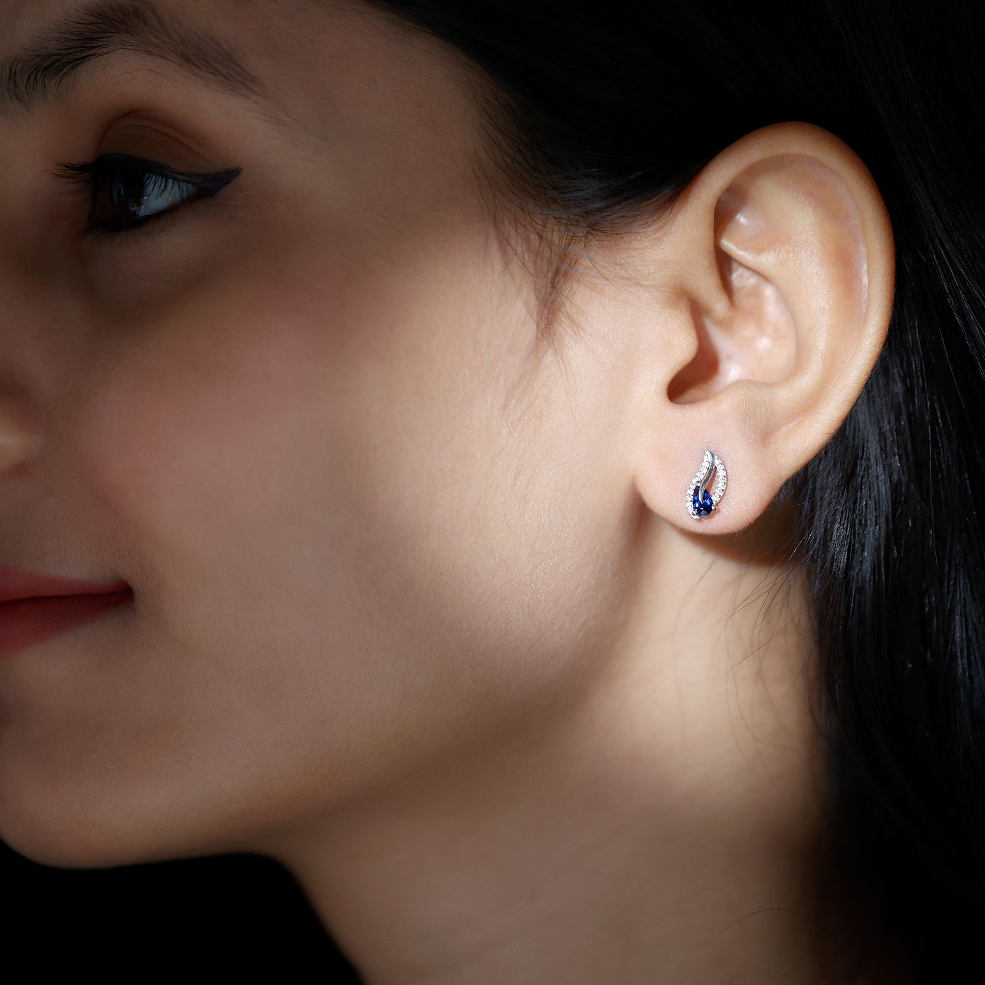 Lab Created Blue Sapphire Silver Leaf Stud Earrings with Moissanite