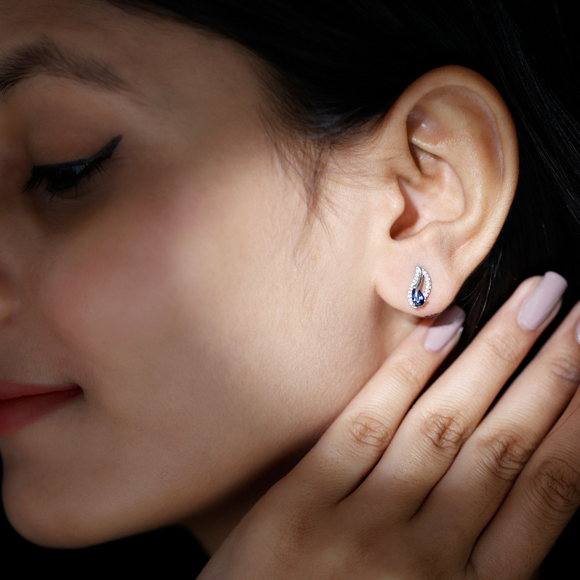 Lab Created Blue Sapphire Silver Leaf Stud Earrings with Moissanite
