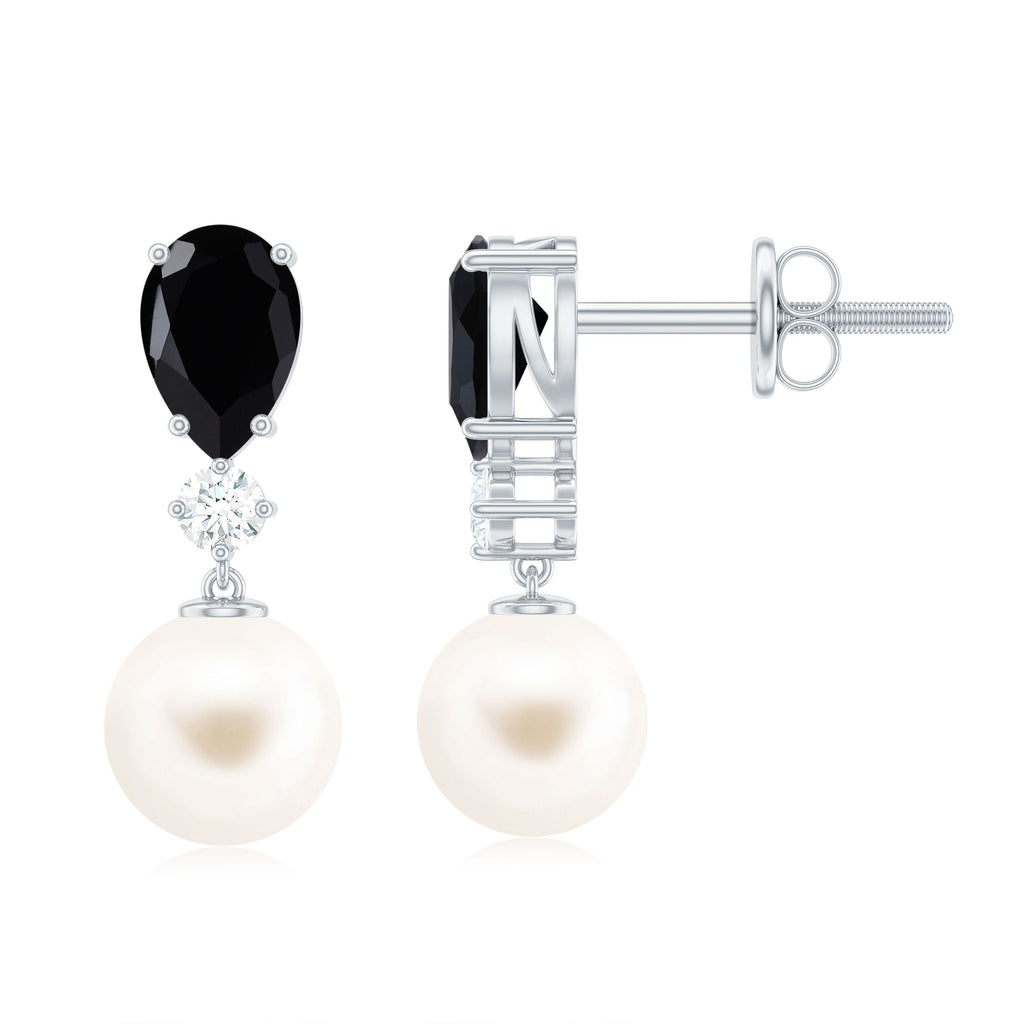 Natural Elegant Pearl Dangle Earrings with Black Onyx