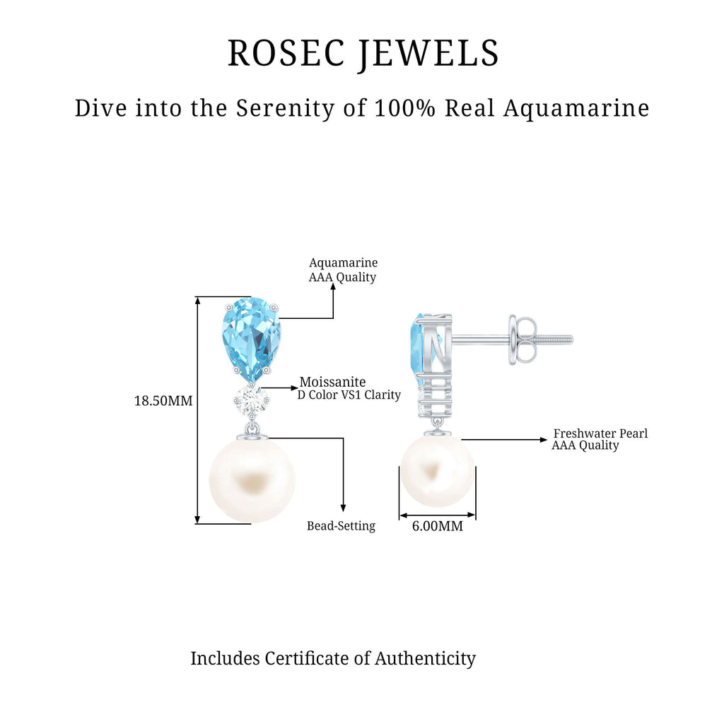 Certified Pearl Wedding Drop Earrings with Aquamarine