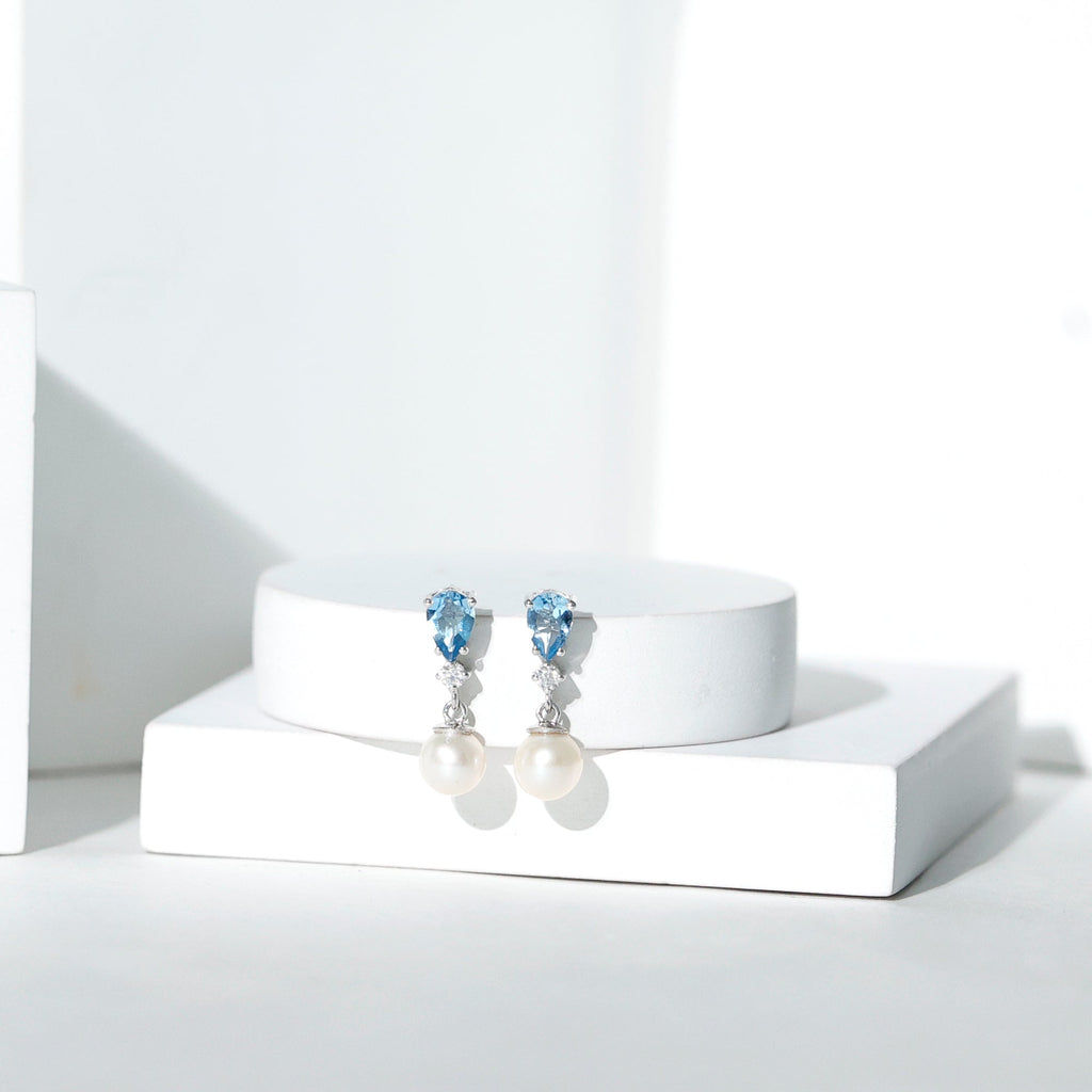 Certified Pearl Wedding Drop Earrings with Aquamarine