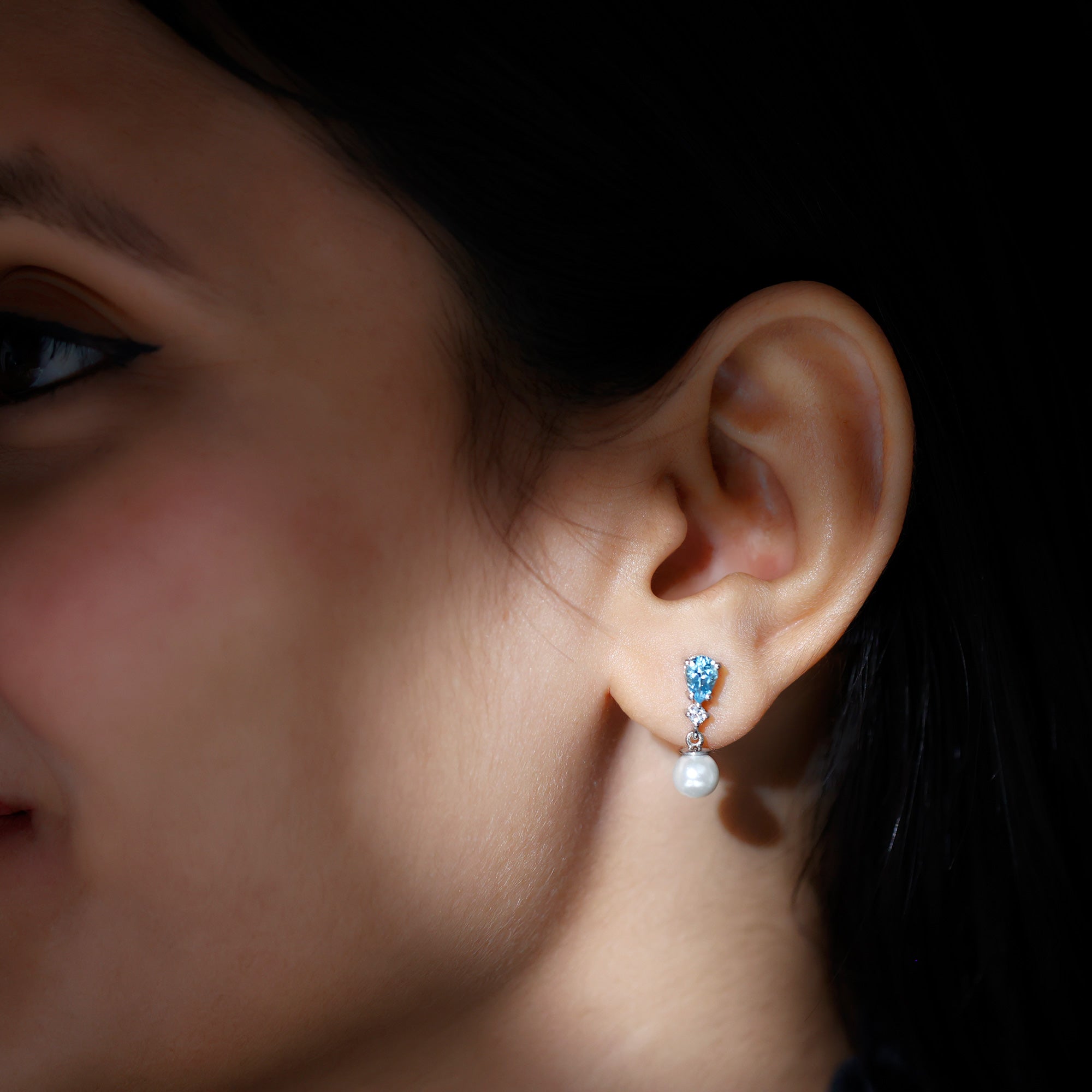 Certified Pearl Wedding Drop Earrings with Aquamarine