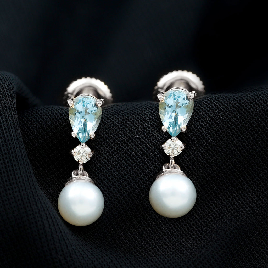 Certified Pearl Wedding Drop Earrings with Aquamarine