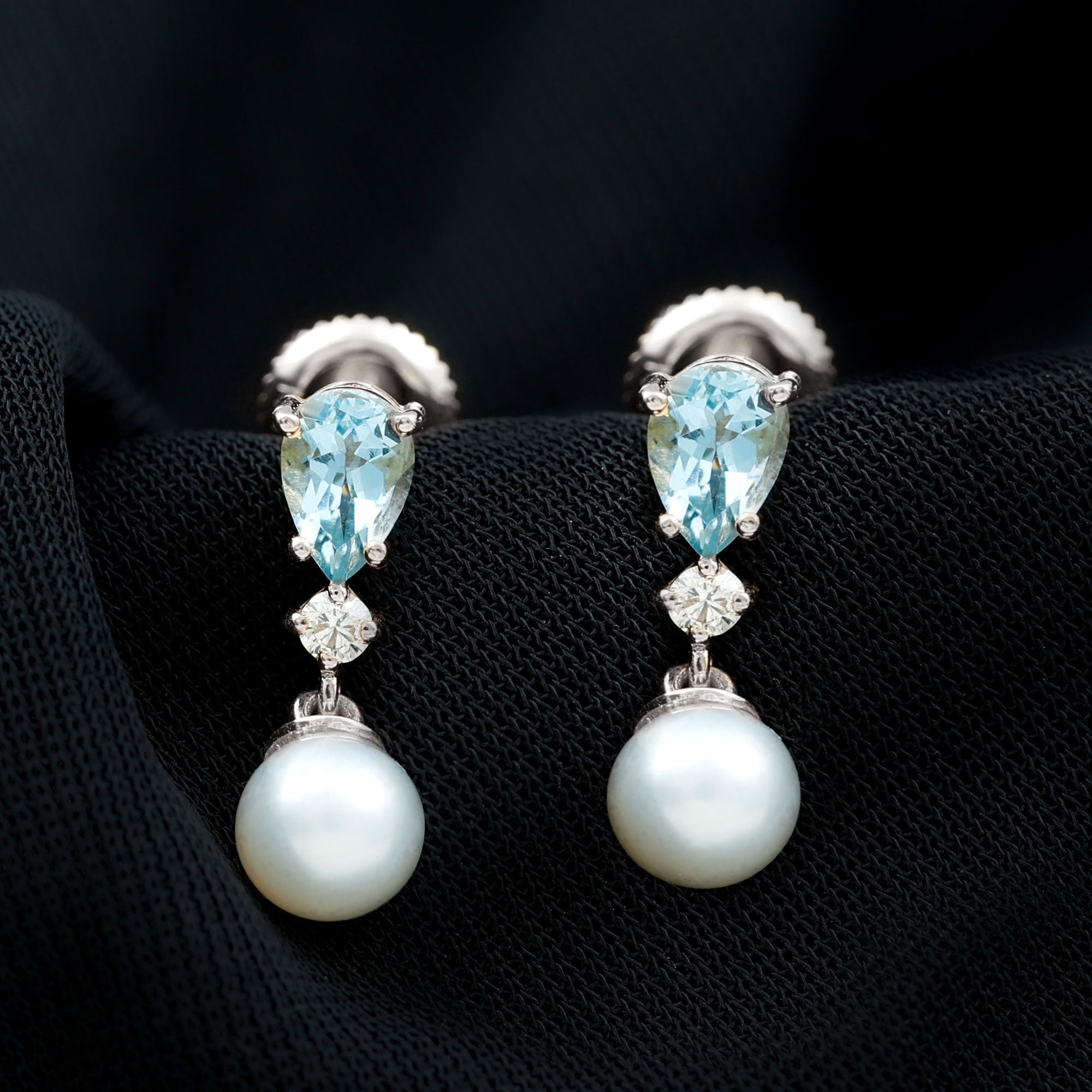 Certified Pearl Wedding Drop Earrings with Aquamarine