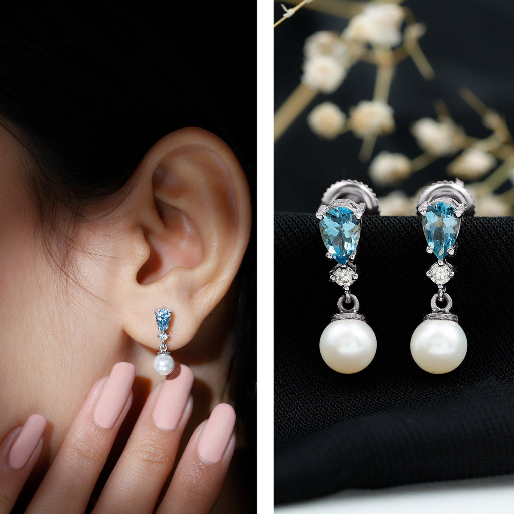 Certified Pearl Wedding Drop Earrings with Aquamarine