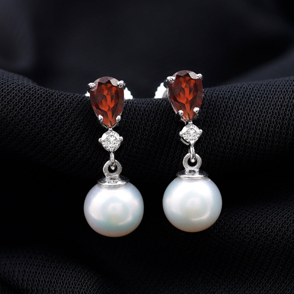 Real Handpicked Pearl and Garnet Bridal Drop Earrings