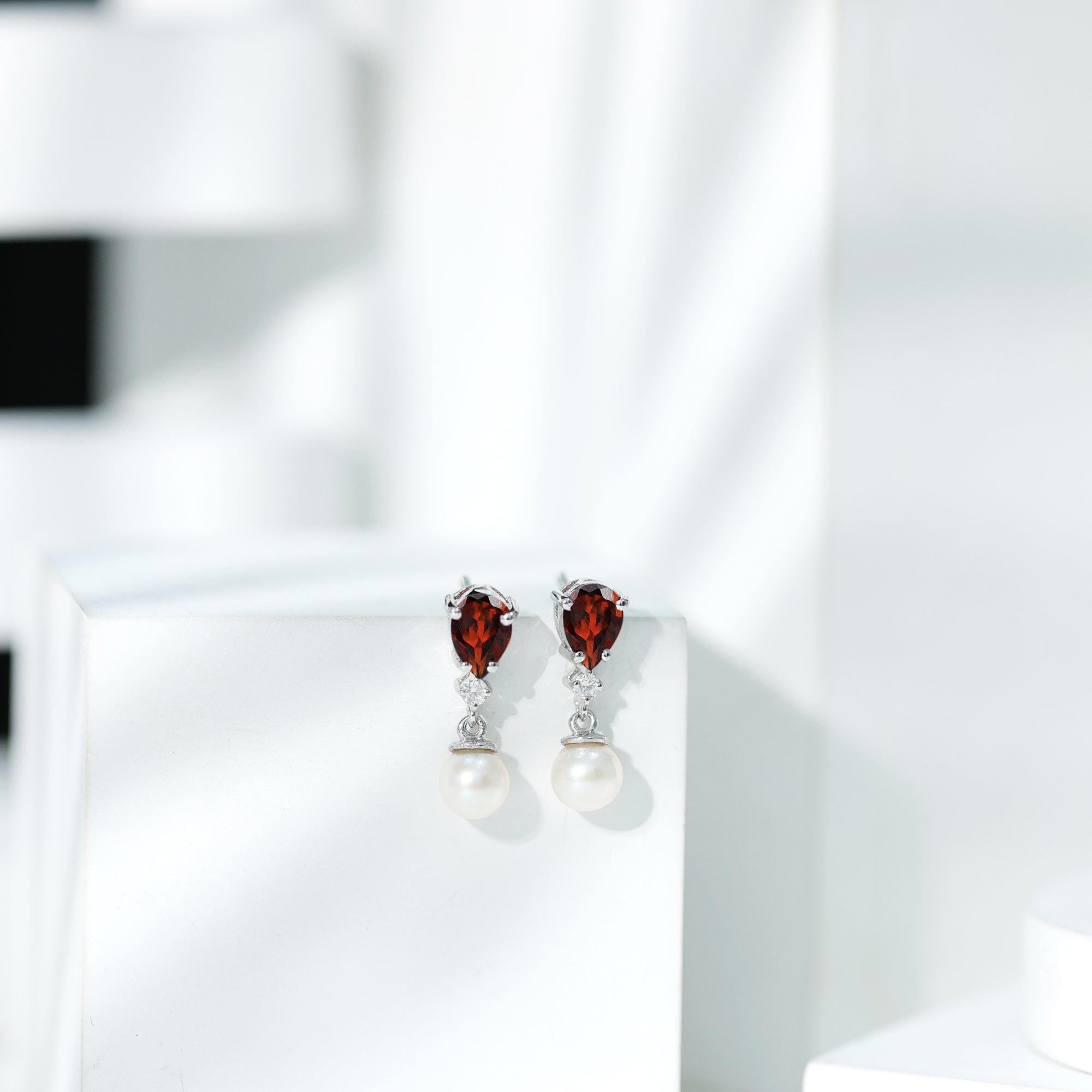 Real Handpicked Pearl and Garnet Bridal Drop Earrings