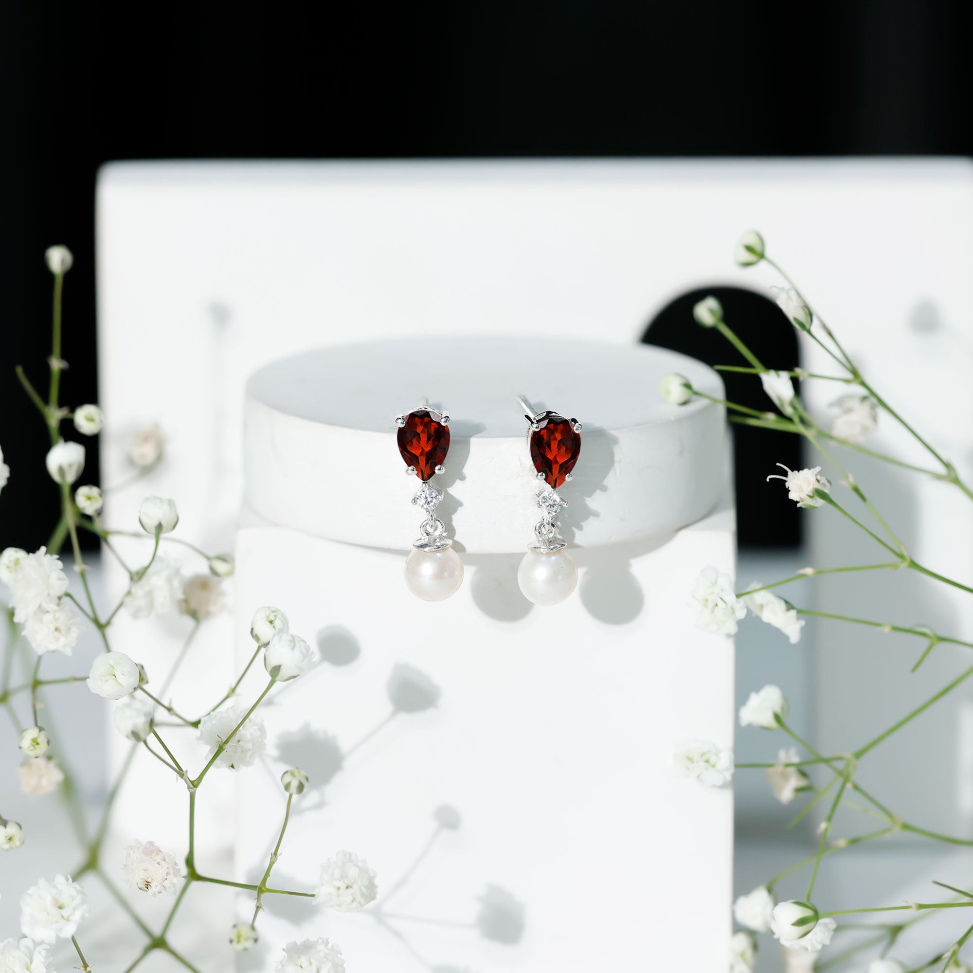 Real Handpicked Pearl and Garnet Bridal Drop Earrings
