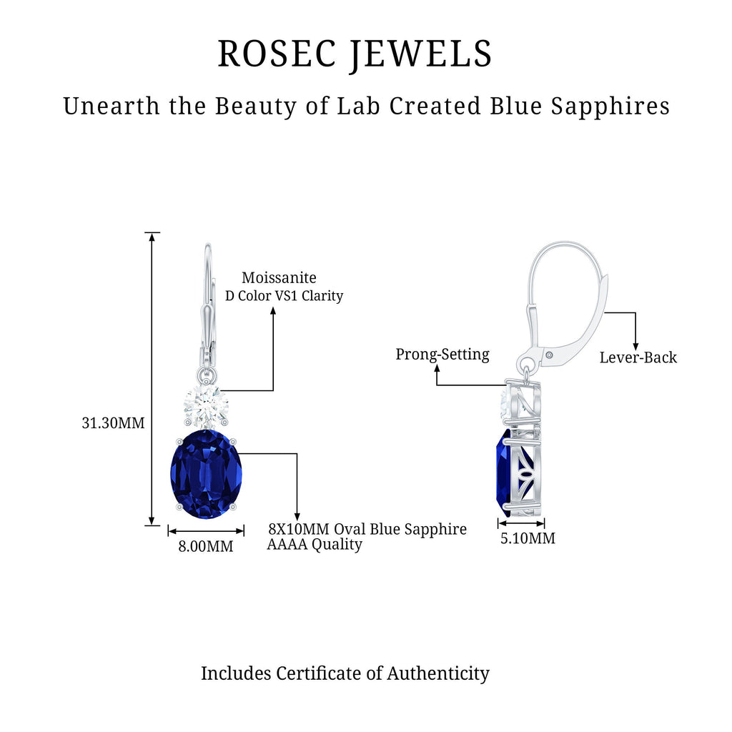 Lab Grown Blue Sapphire Drop Hoop Earrings with Moissanite