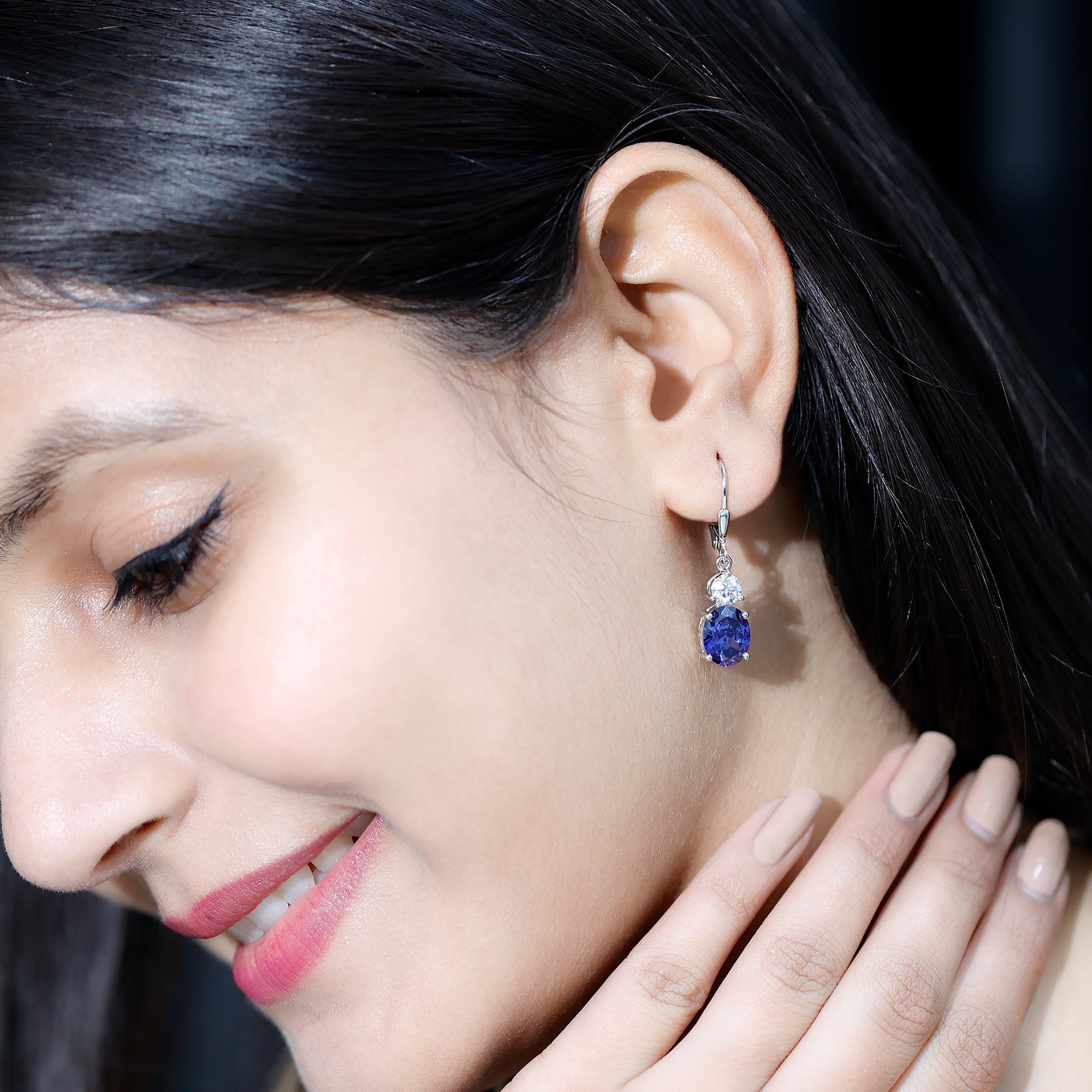Lab Grown Blue Sapphire Drop Hoop Earrings with Moissanite