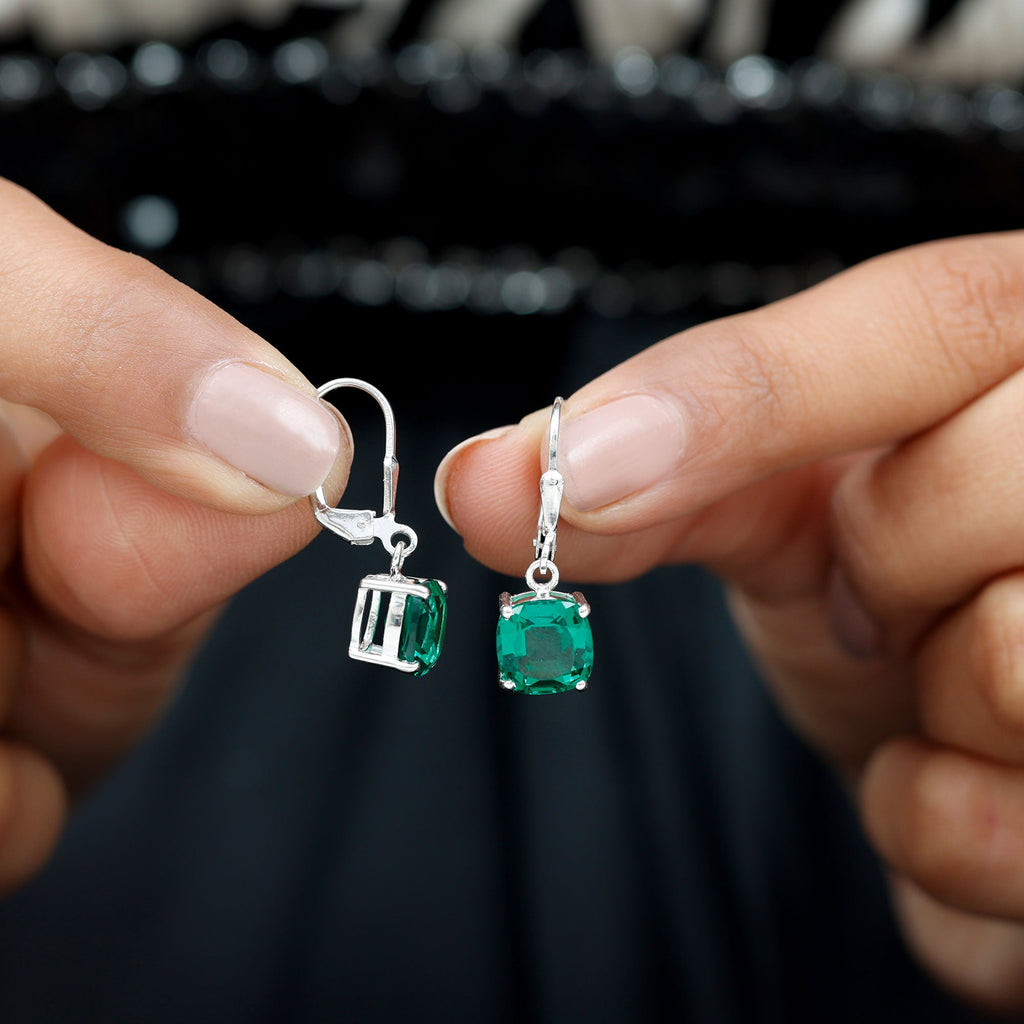 8MM Cushion Cut Lab Grown Emerald Hoop Earrings