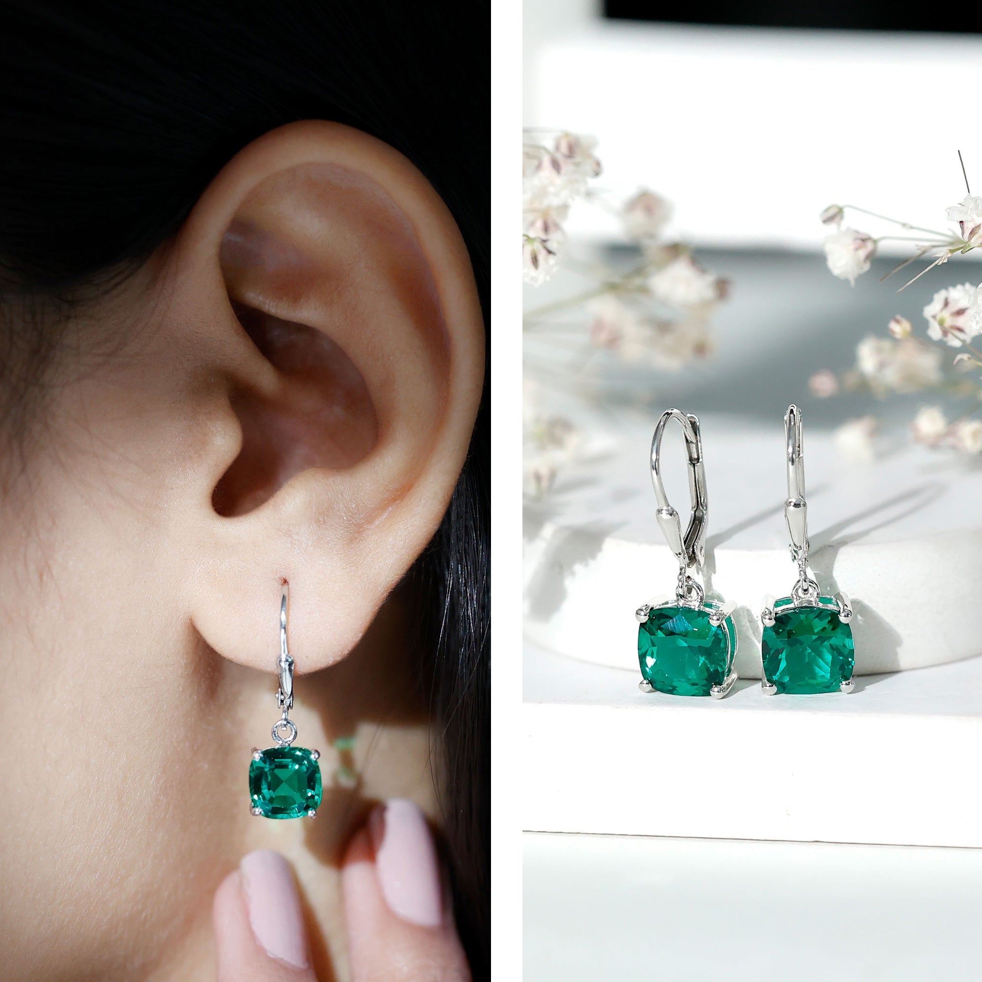 8MM Cushion Cut Lab Grown Emerald Hoop Earrings