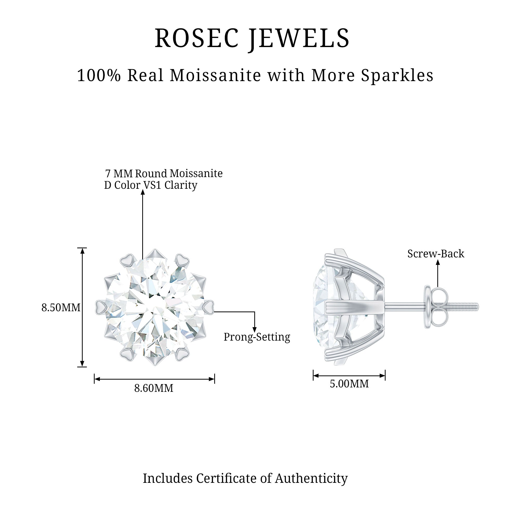 Round Moissanite Solitaire Silver Stud Earrings in Decorative Setting
