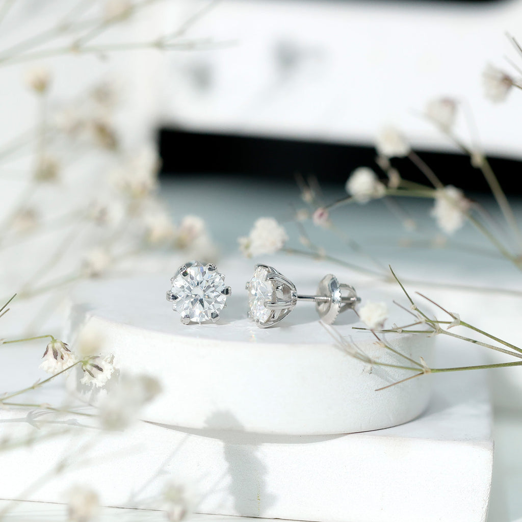 Round Moissanite Solitaire Silver Stud Earrings in Decorative Setting