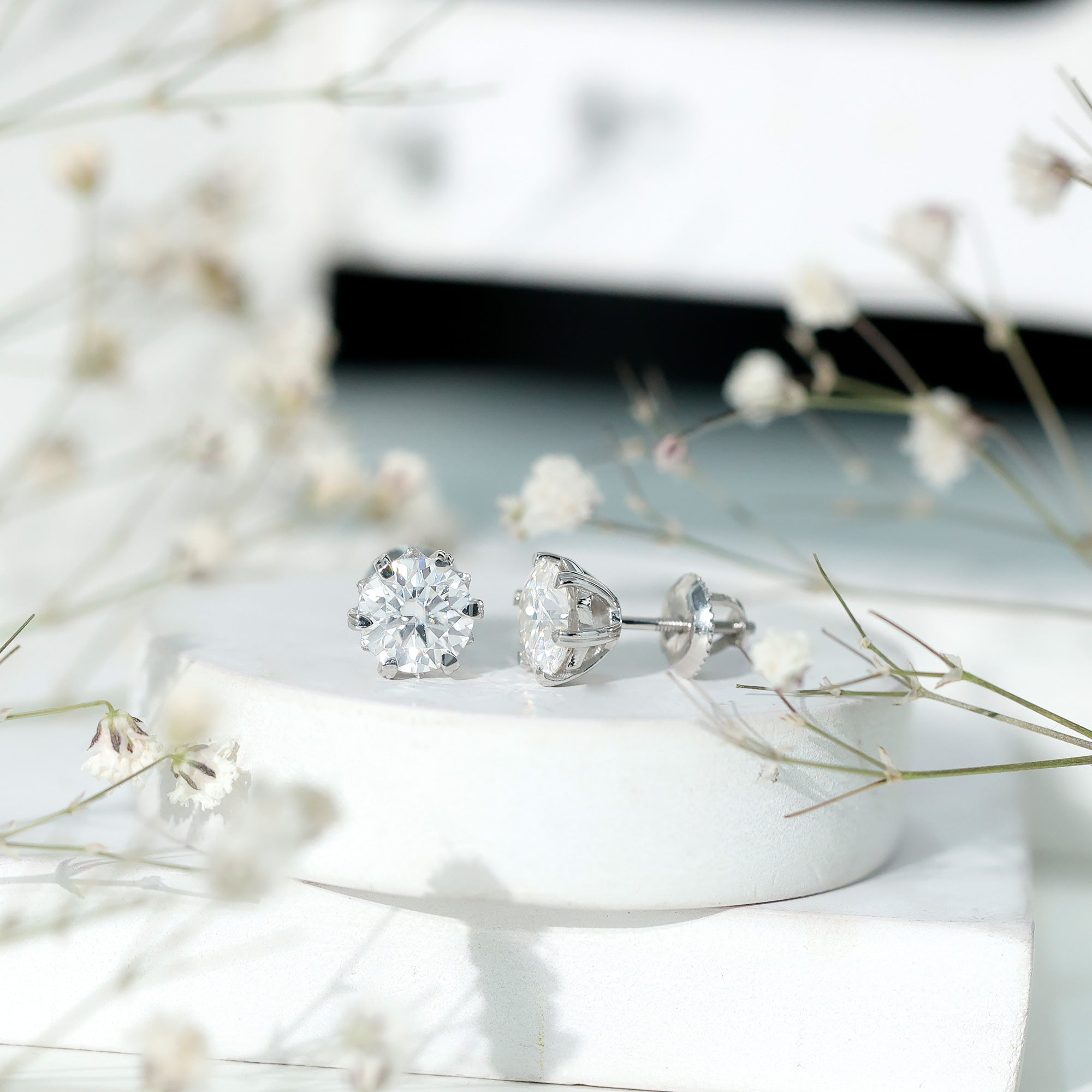 Round Moissanite Solitaire Silver Stud Earrings in Decorative Setting