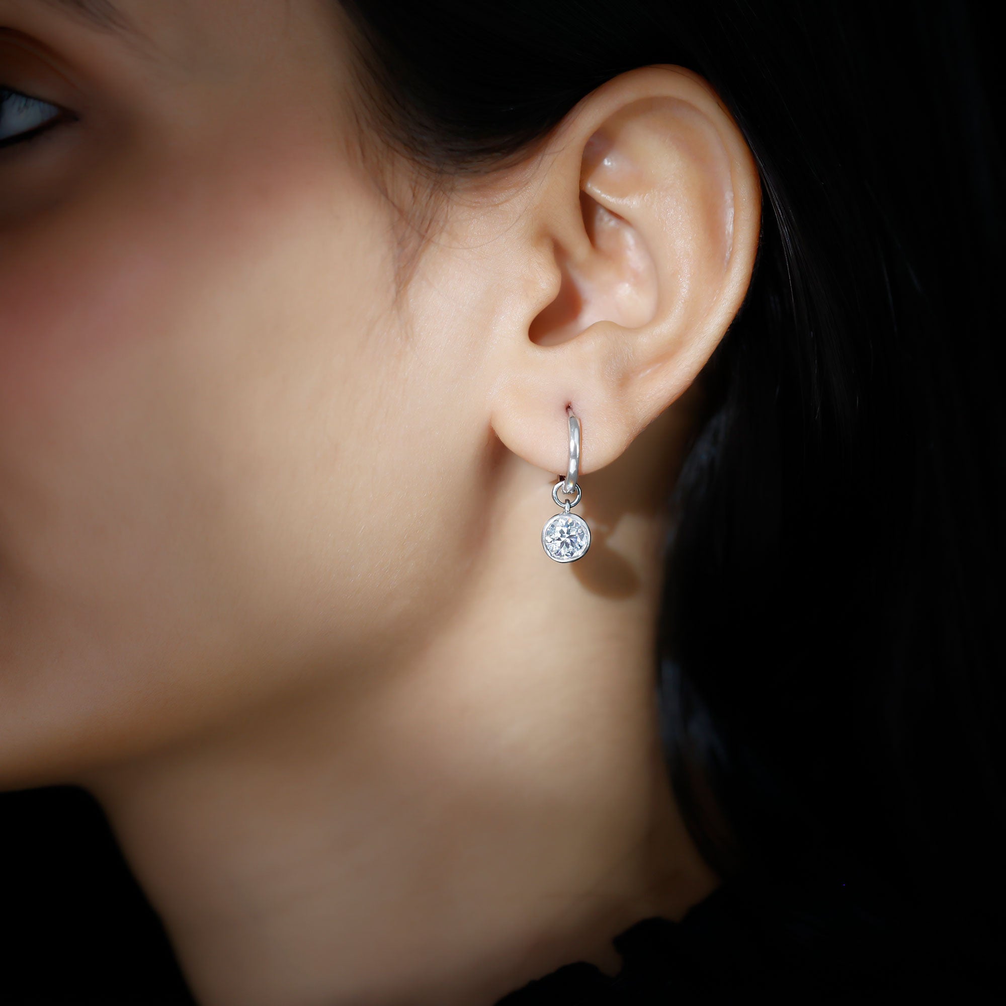 Bezel Set 6 MM Round Moissanite Hoop Drop Earrings