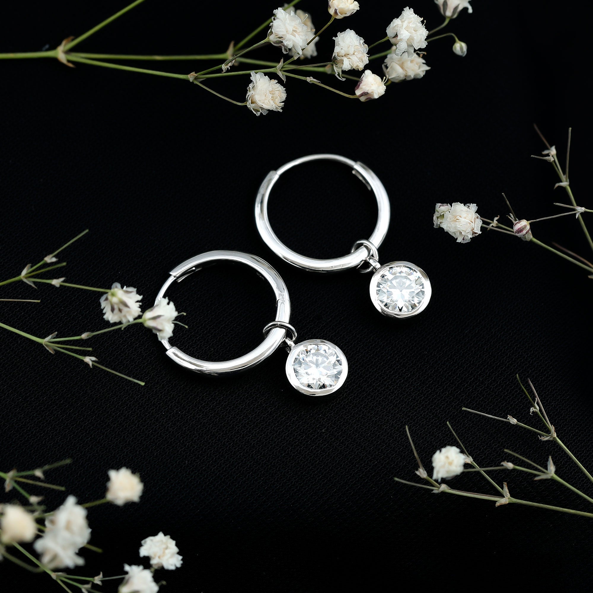 Bezel Set 6 MM Round Moissanite Hoop Drop Earrings