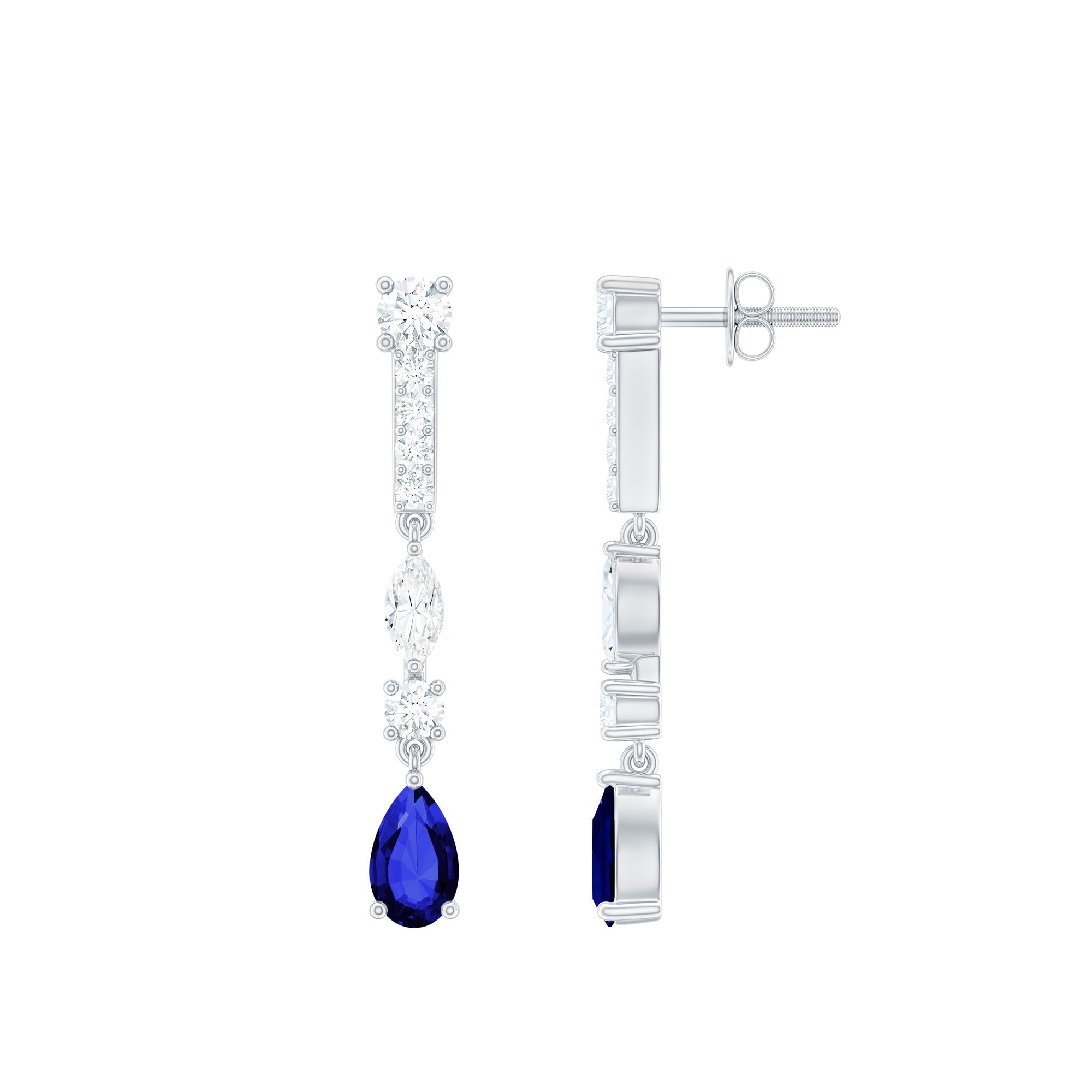 Lab Grown Blue Sapphire and Moissanite Drop Dangle Earrings with Screw Backs