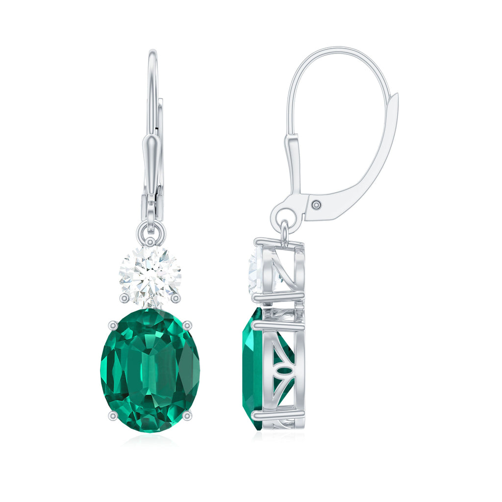 Oval Cut Lab Created Emerald and Moissanite Drop Hoop Earrings