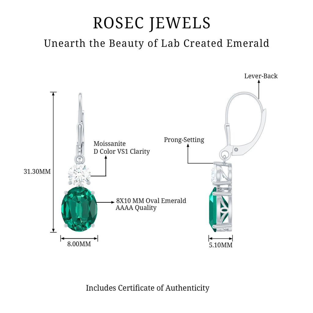Oval Cut Lab Created Emerald and Moissanite Drop Hoop Earrings