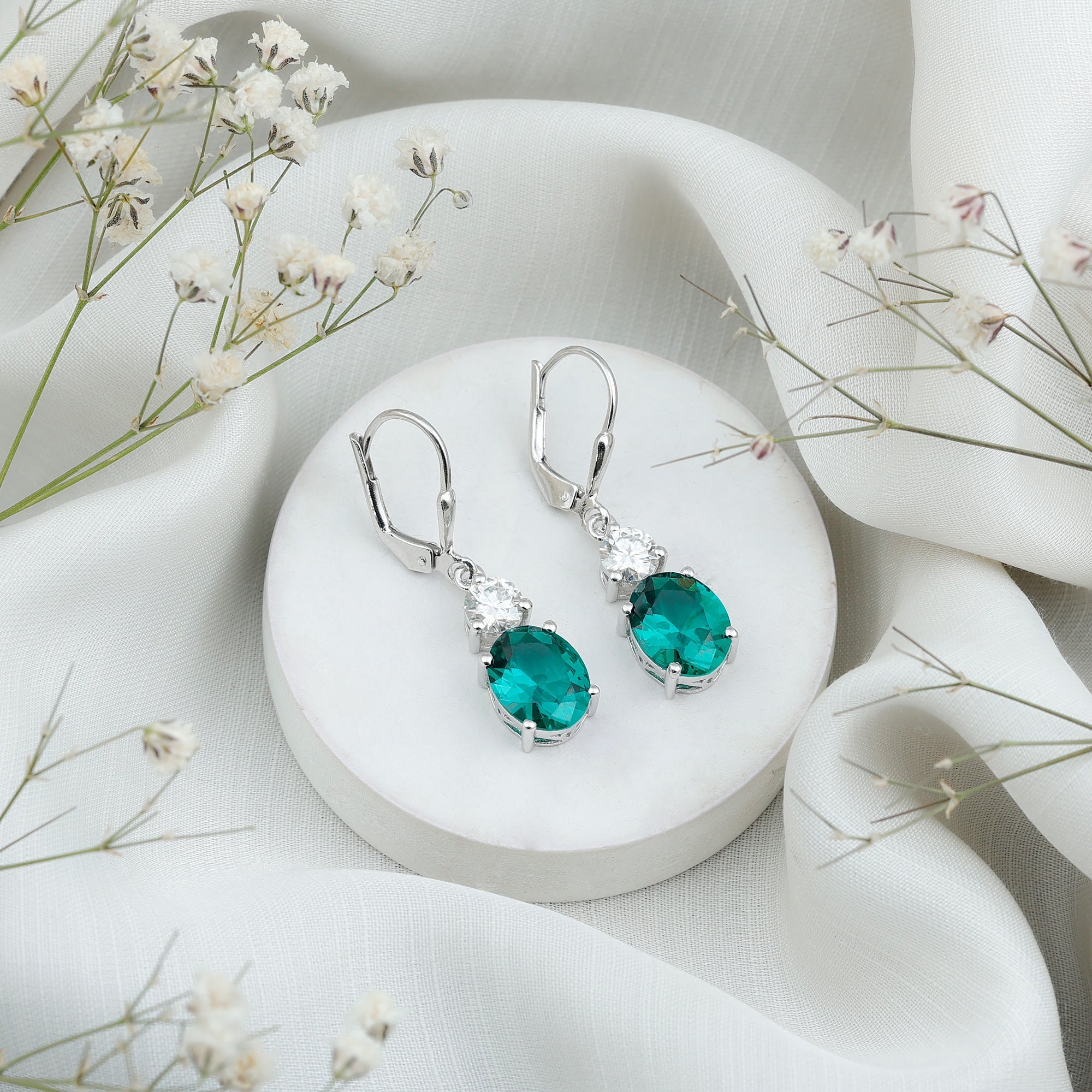 Oval Cut Lab Created Emerald and Moissanite Drop Hoop Earrings