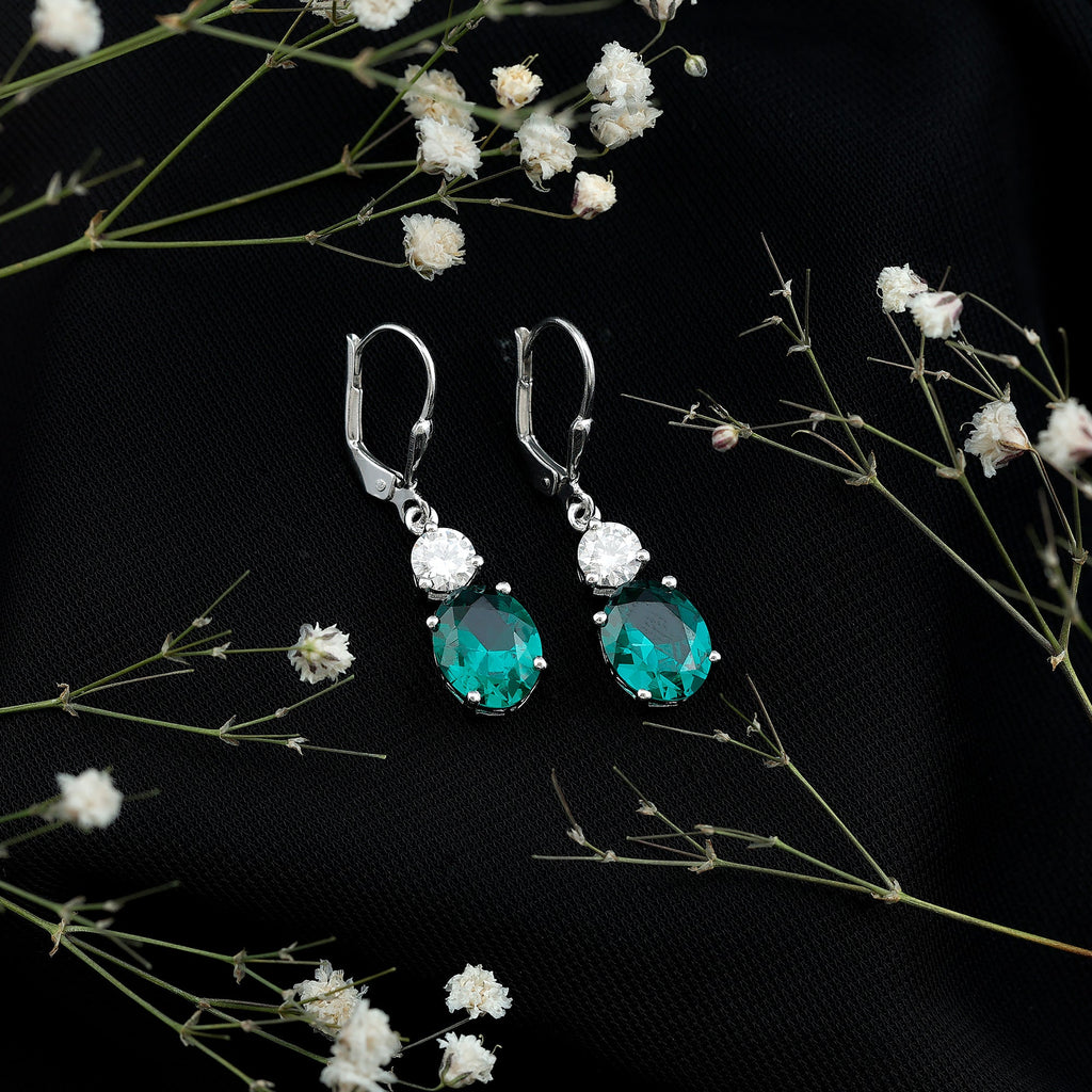 Oval Cut Lab Created Emerald and Moissanite Drop Hoop Earrings