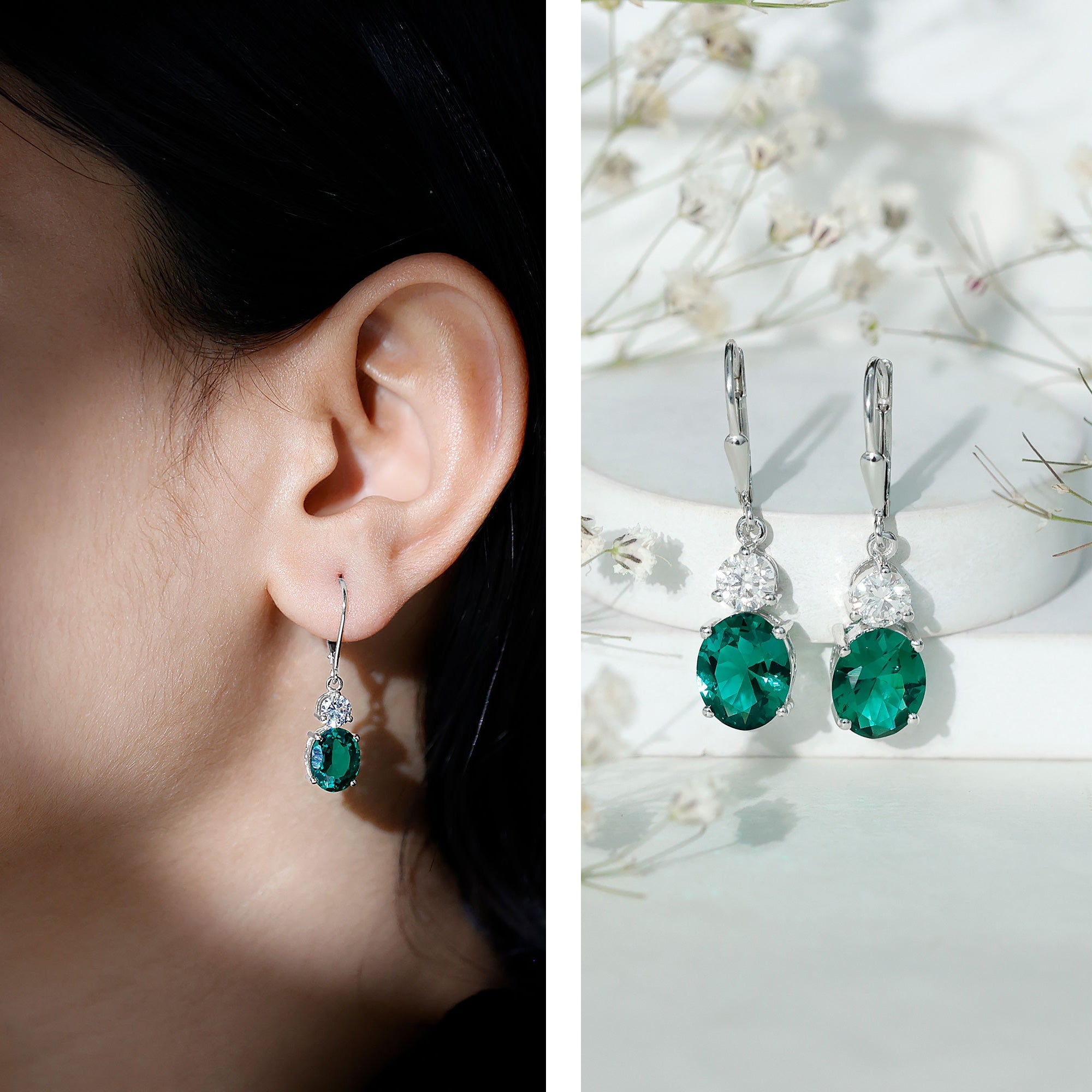 Oval Cut Lab Created Emerald and Moissanite Drop Hoop Earrings