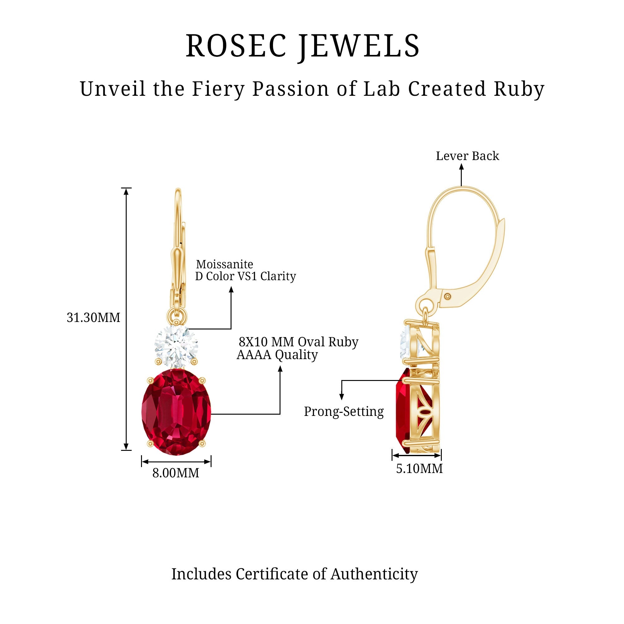 Lab Created 8X10 MM Ruby Moissanite Oval Drop Earrings
