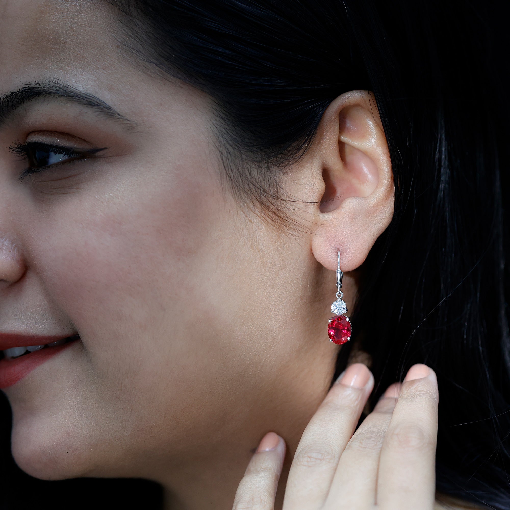 Lab Created 8X10 MM Ruby Moissanite Oval Drop Earrings