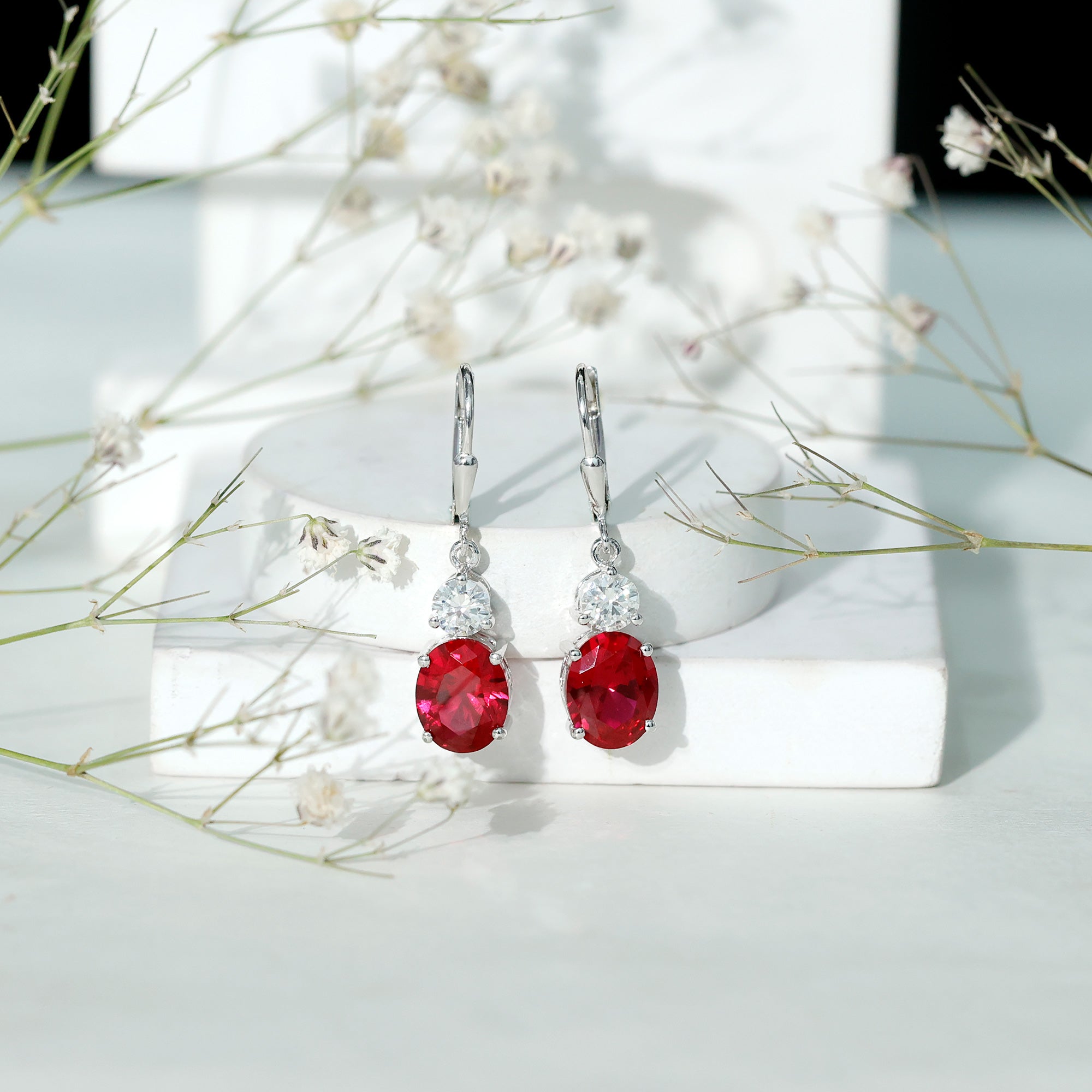 Lab Created 8X10 MM Ruby Moissanite Oval Drop Earrings