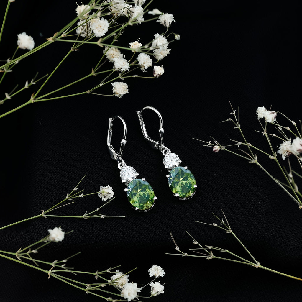 Lab Grown Green Sapphire Drop Hoop Earrings with Moissanite