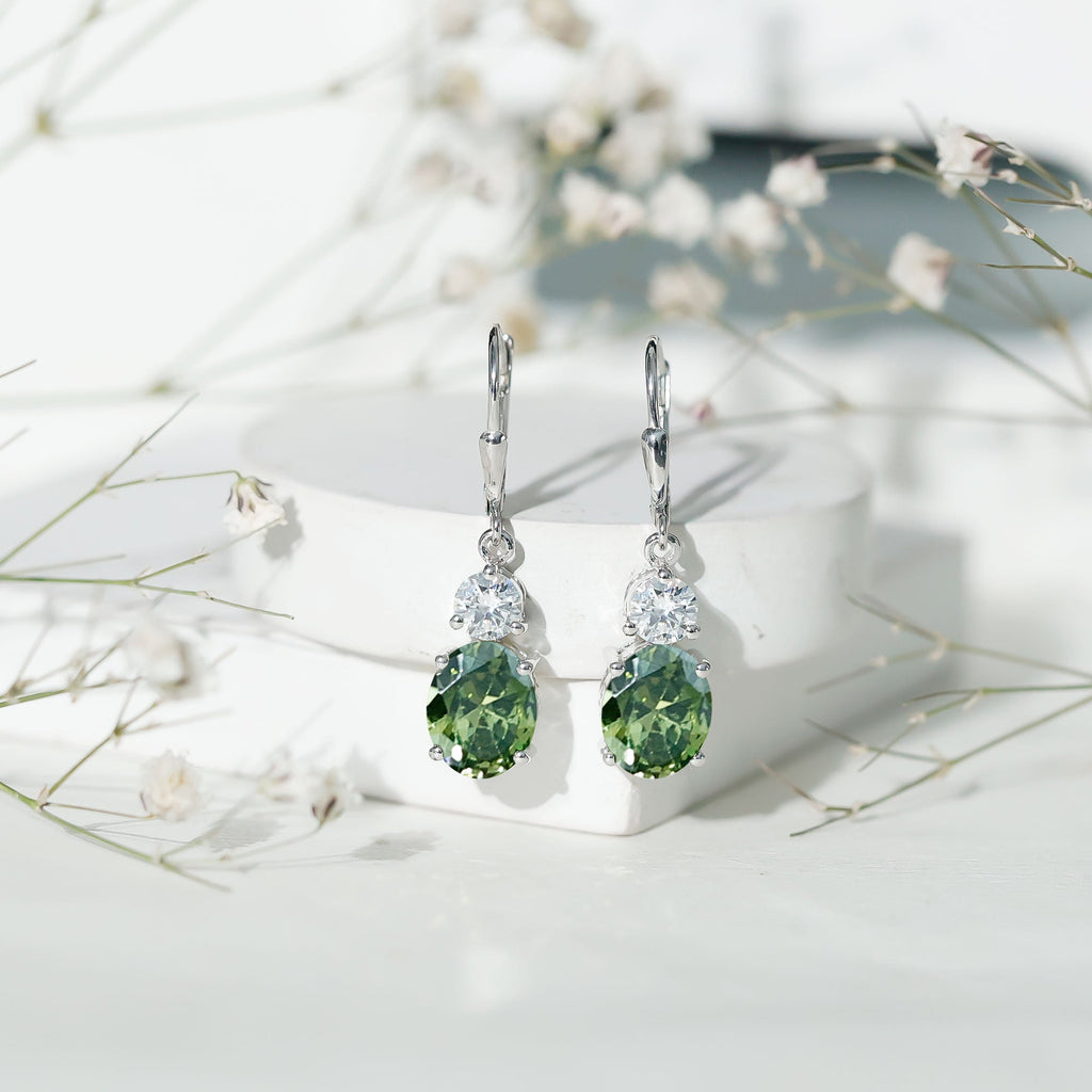 Lab Grown Green Sapphire Drop Hoop Earrings with Moissanite