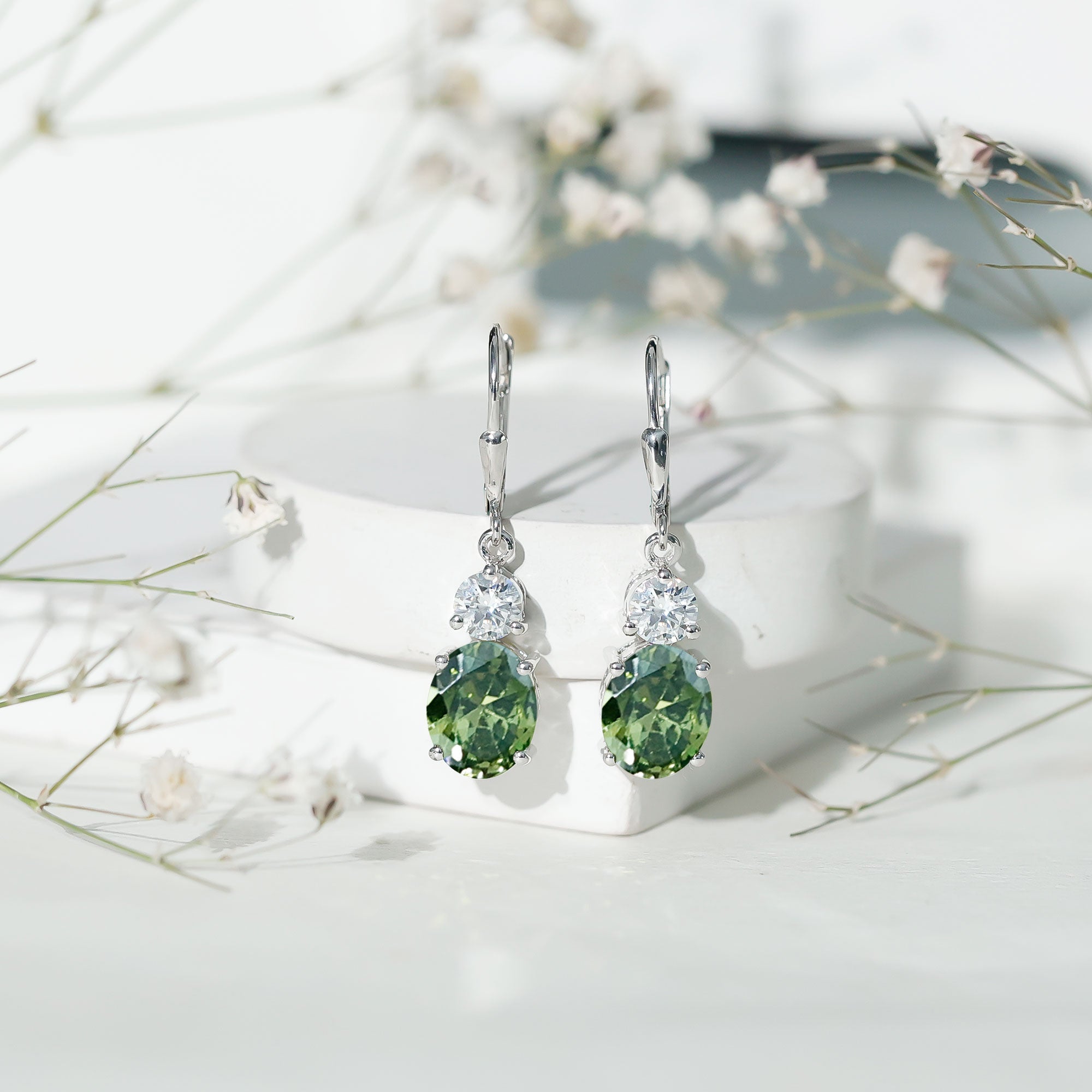Lab Grown Green Sapphire Drop Hoop Earrings with Moissanite