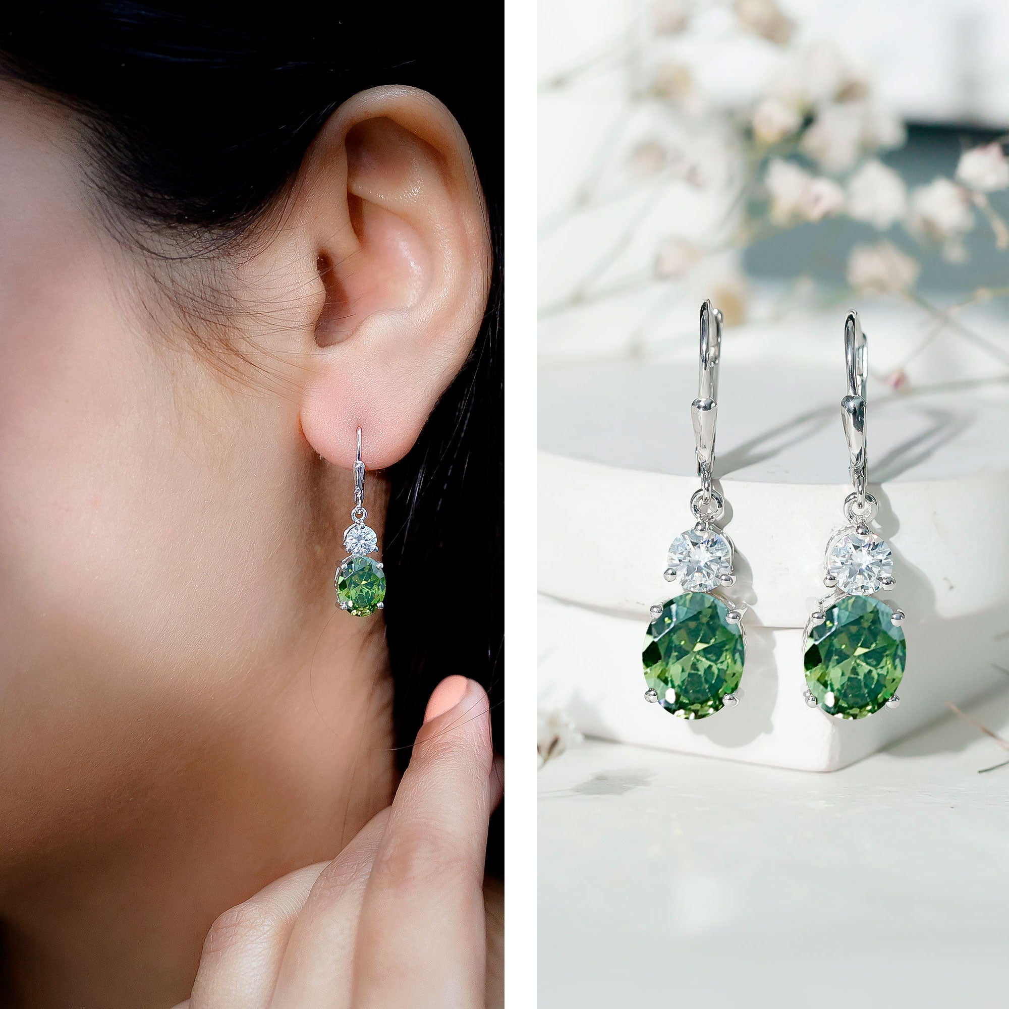 Lab Grown Green Sapphire Drop Hoop Earrings with Moissanite