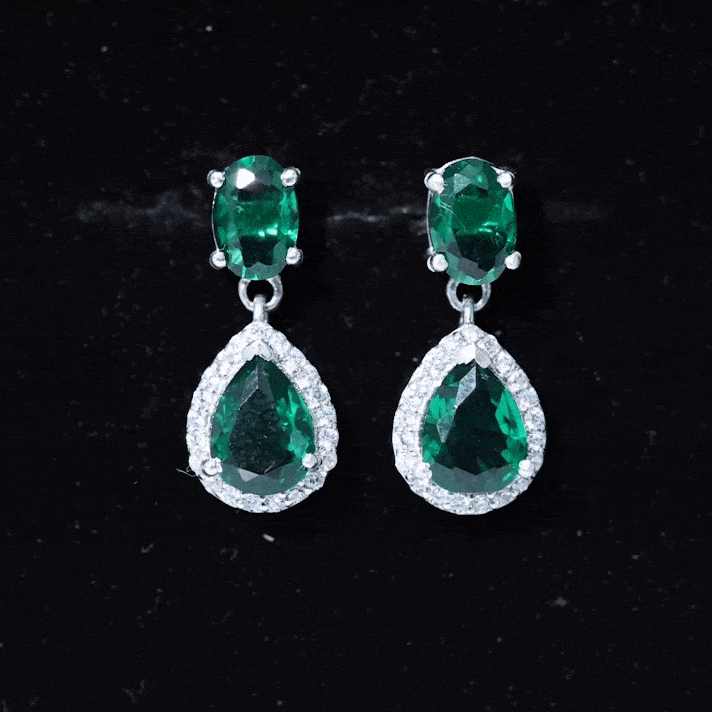 Oval and Pear Cut Lab Grown Emerald Bridal Earrings in Silver