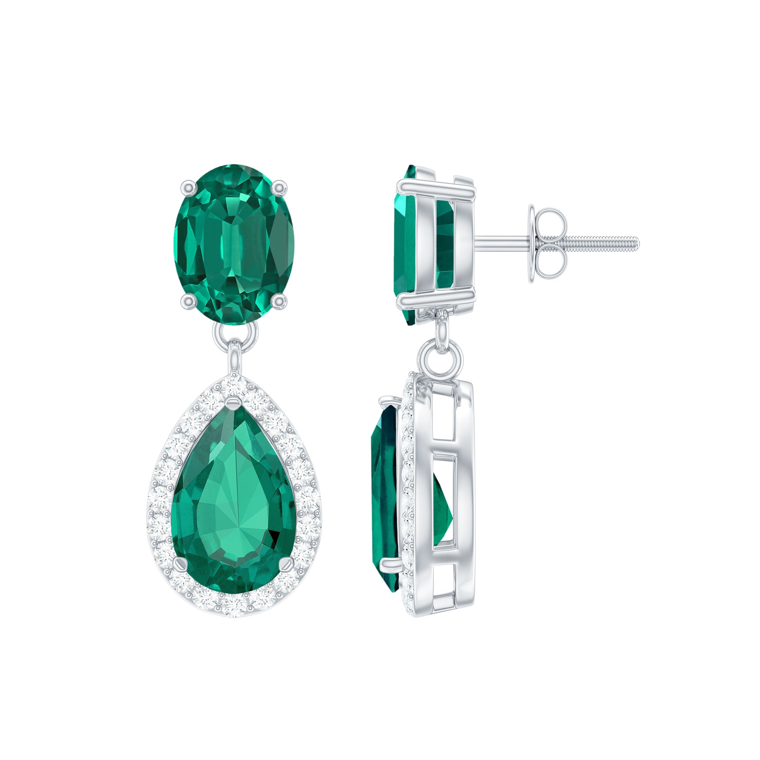 Oval and Pear Cut Lab Grown Emerald Bridal Earrings in Silver