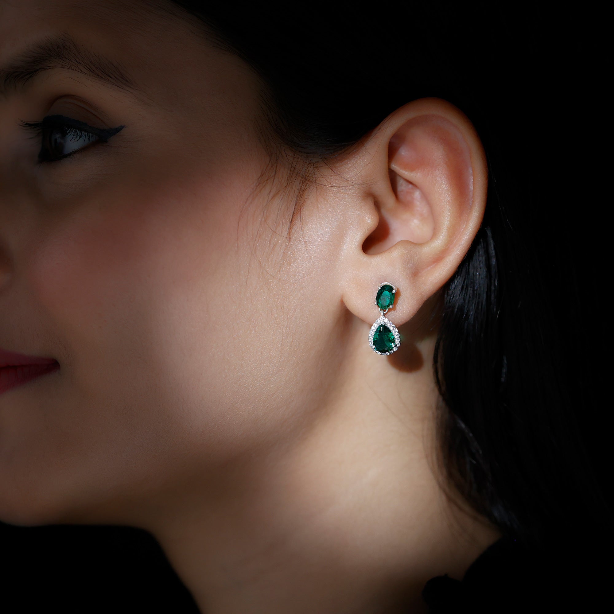 Oval and Pear Cut Lab Grown Emerald Bridal Earrings in Silver