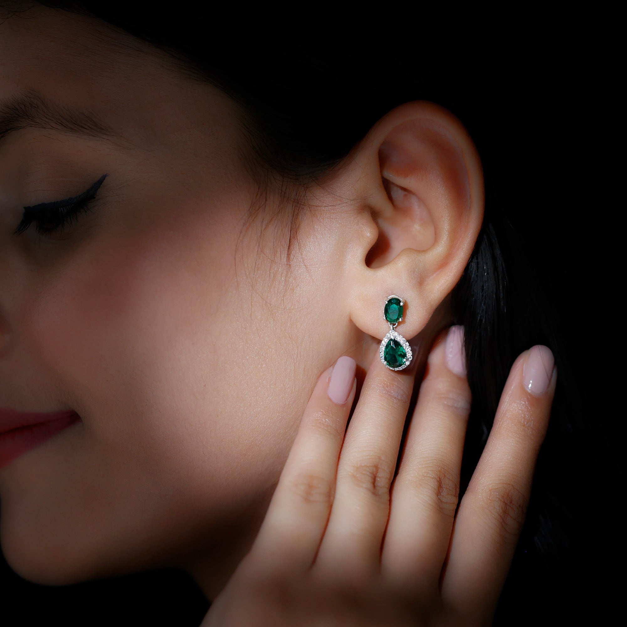 Oval and Pear Cut Lab Grown Emerald Bridal Earrings in Silver