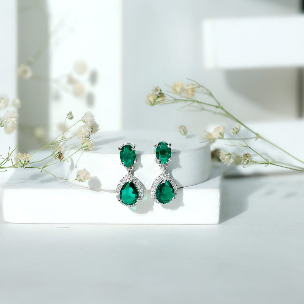Oval and Pear Cut Lab Grown Emerald Bridal Earrings in Silver