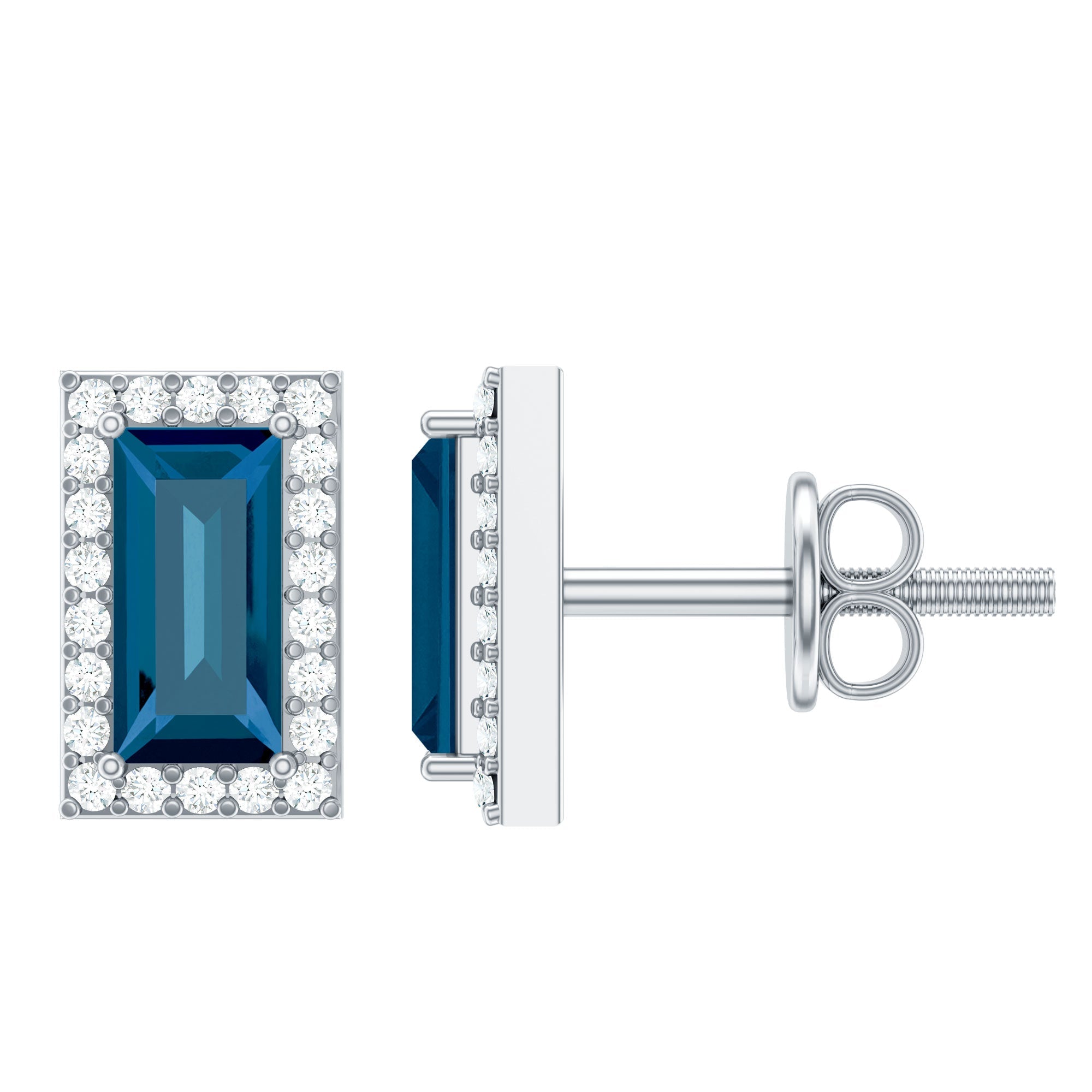 Natural Baguette London Blue Topaz Diamond Halo Stud Earrings