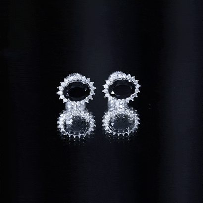 Real 6X8 MM Oval Black Onyx Stud Earrings with Moissanite Halo