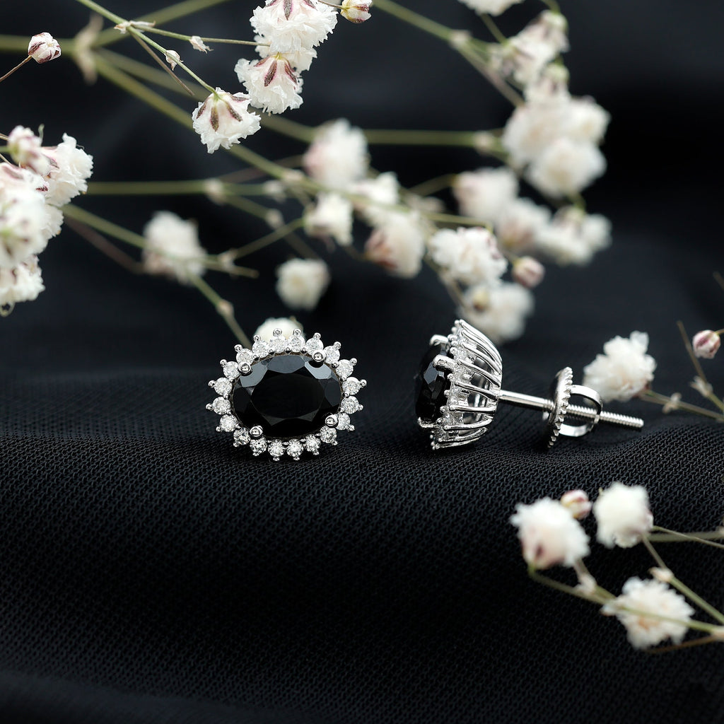 Real 6X8 MM Oval Black Onyx Stud Earrings with Moissanite Halo