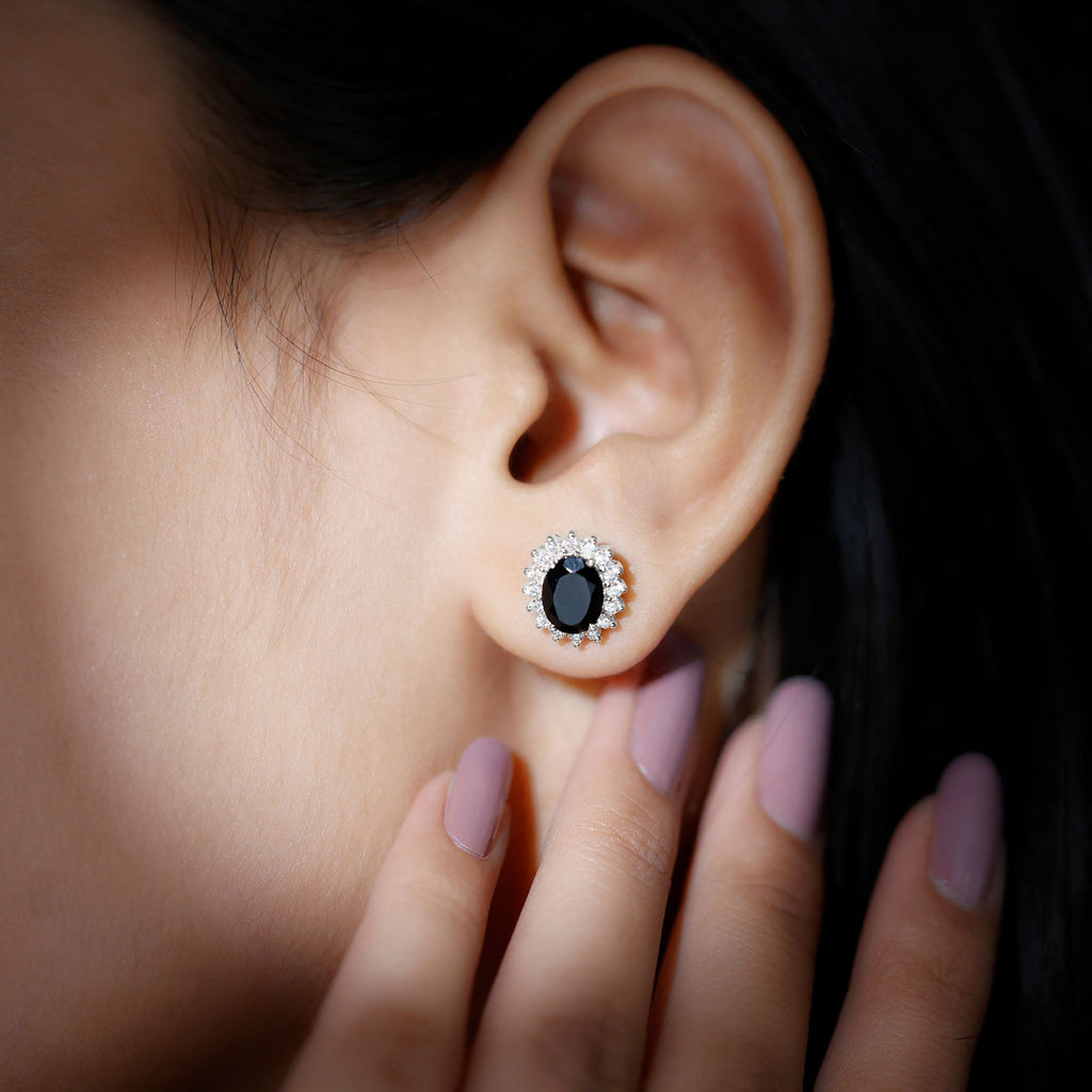 Real 6X8 MM Oval Black Onyx Stud Earrings with Moissanite Halo