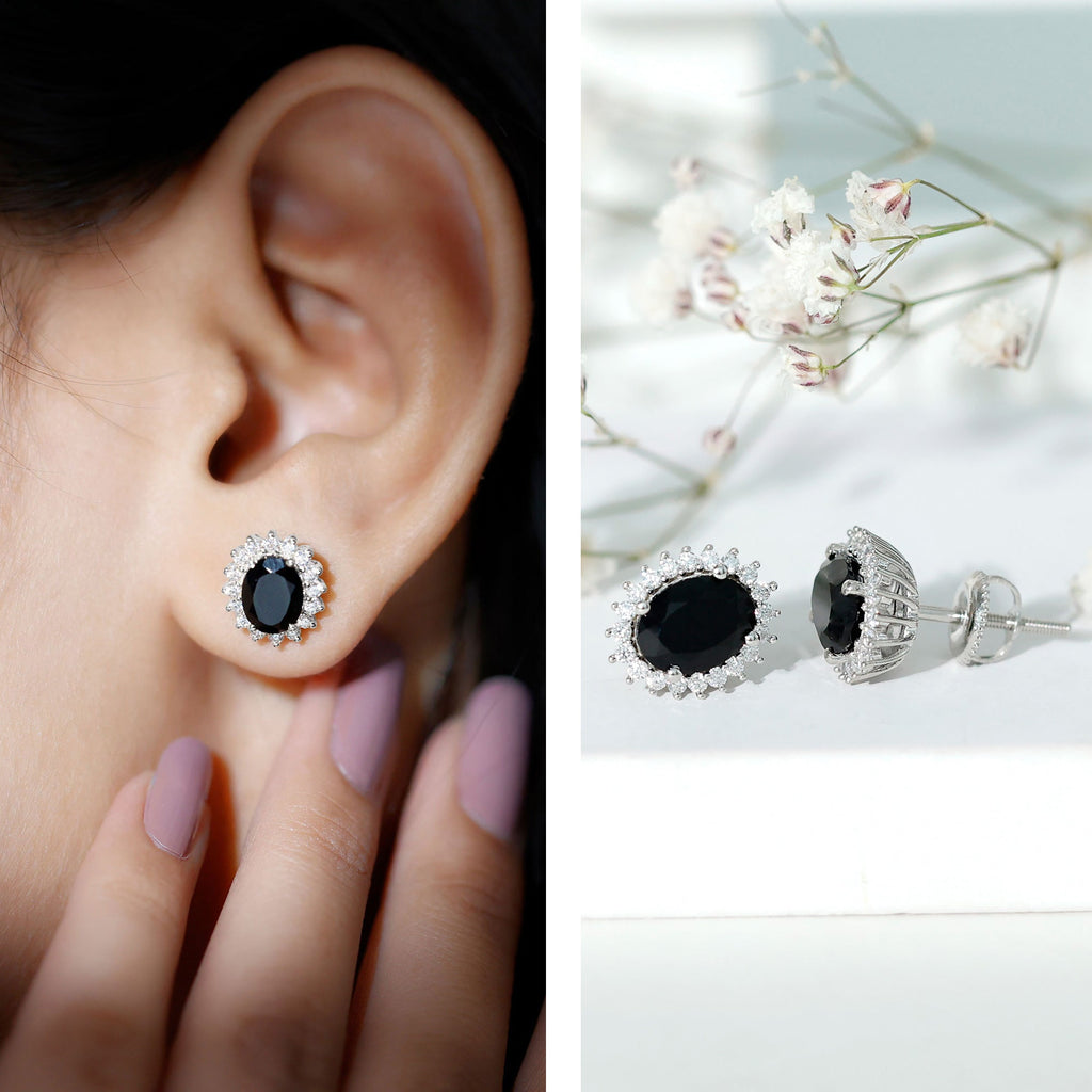 Real 6X8 MM Oval Black Onyx Stud Earrings with Moissanite Halo