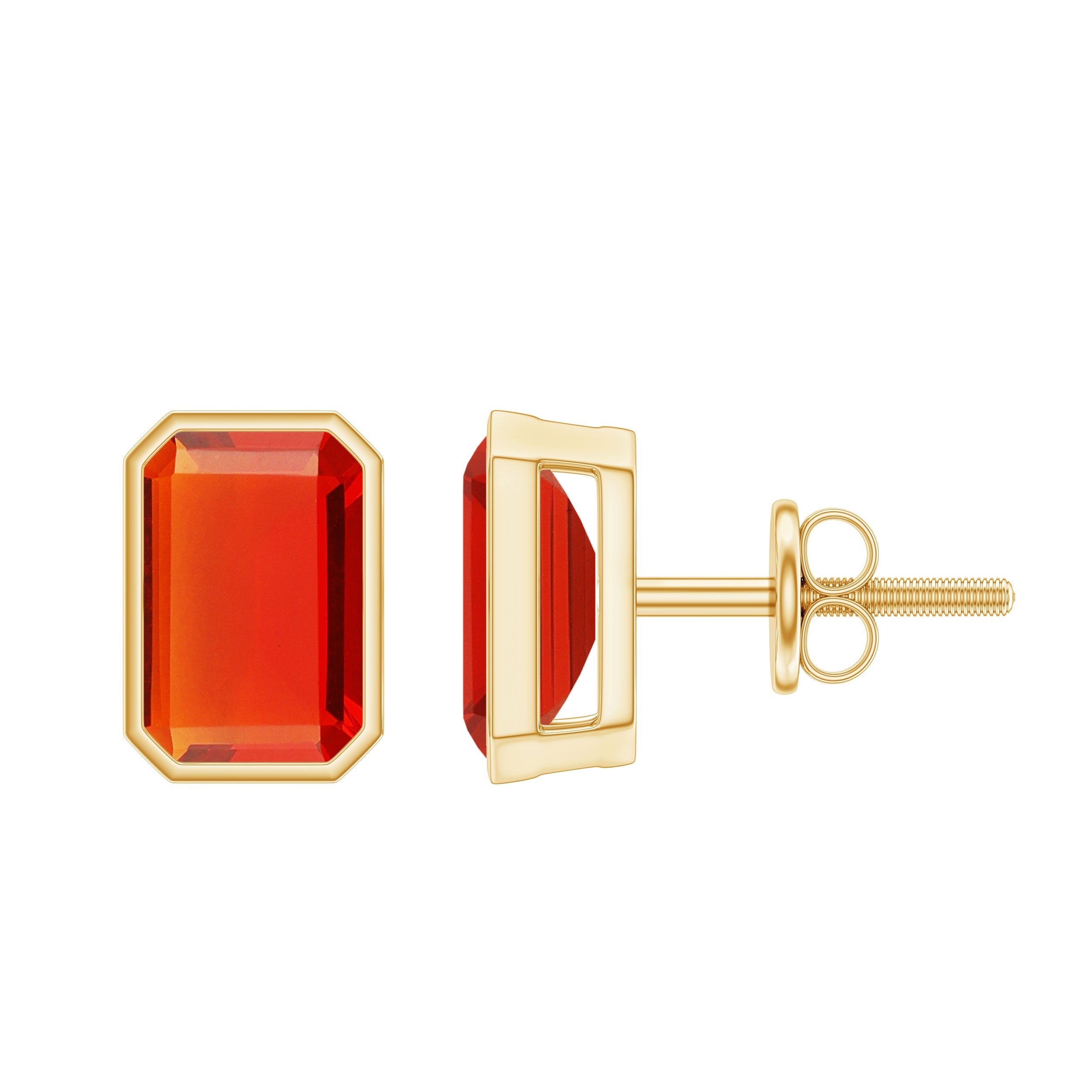 Emerald Cut Stud Earrings with Bezel Set Fire Opal