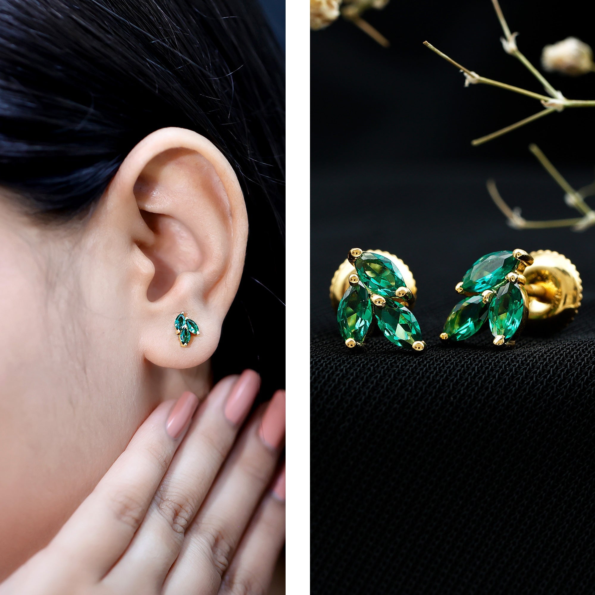 Nature Inspired Lab Created Emerald Stud Earrings in Silver