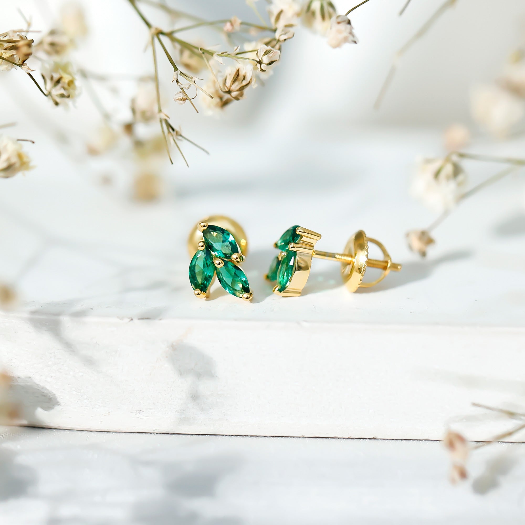 Nature Inspired Lab Created Emerald Stud Earrings in Silver